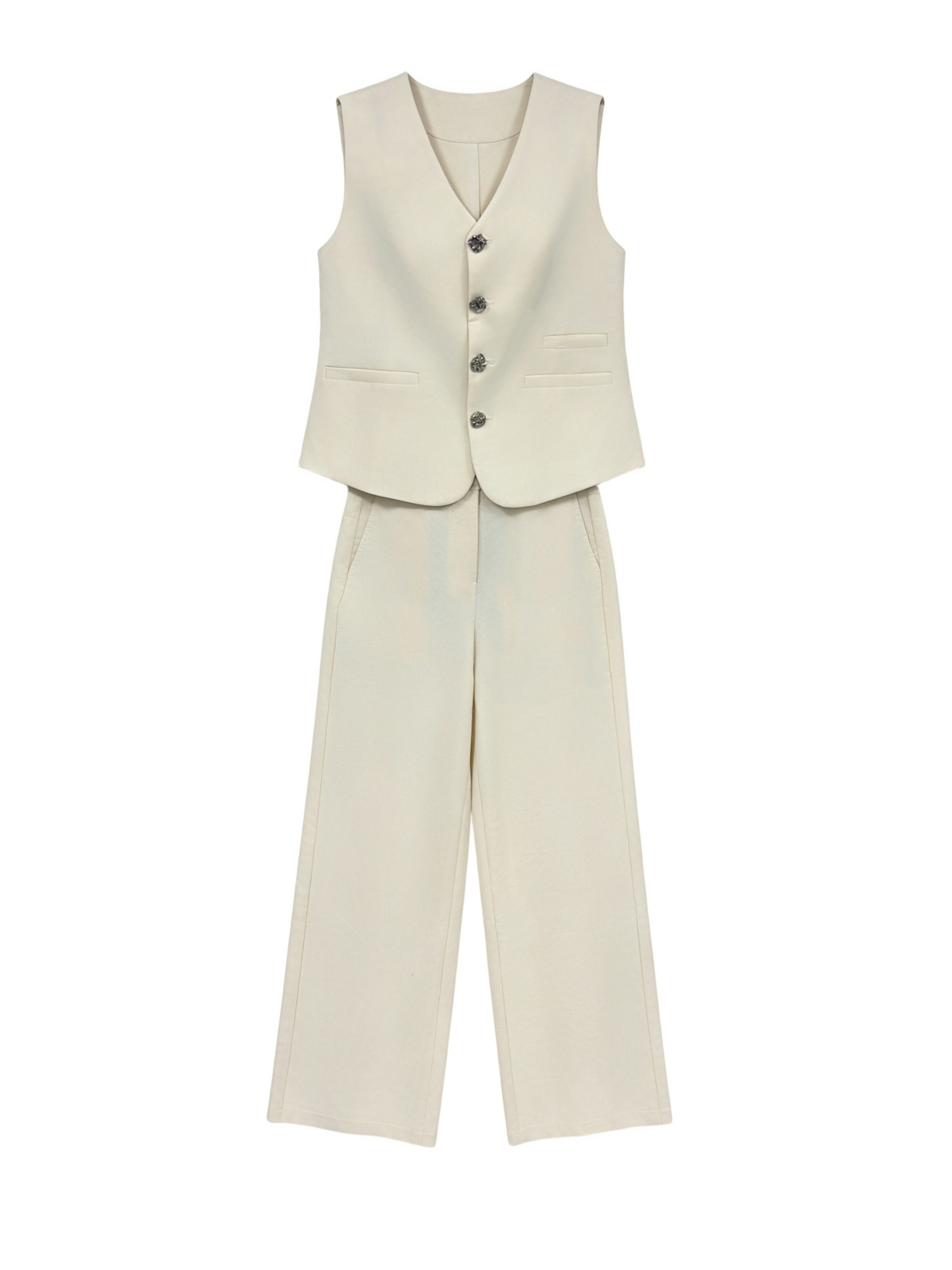 Women's Beige V-Neck Waistcoat & Wide Leg Pants Suit Set  YB-025