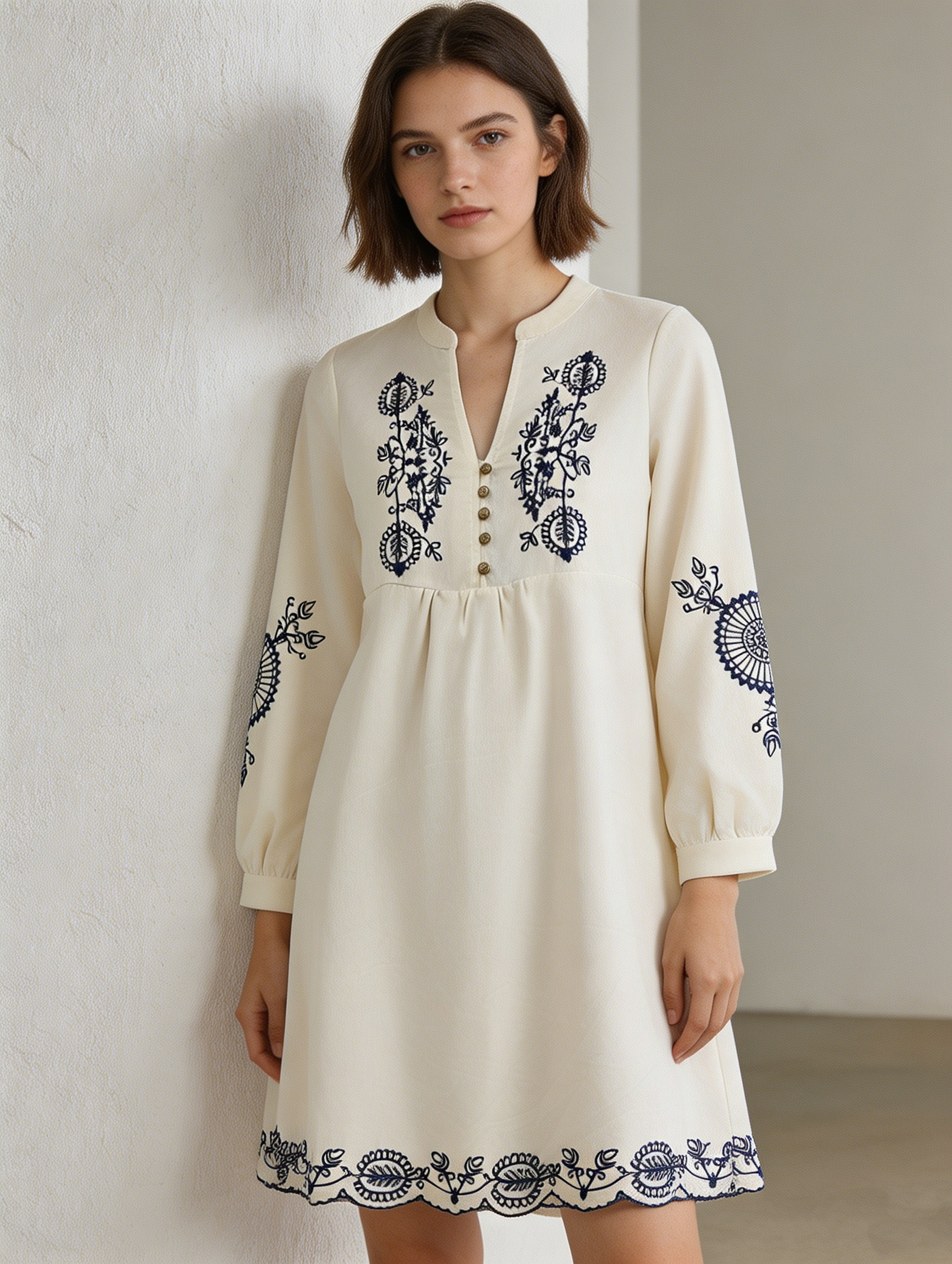 Women’s Boho Embroidered Long Sleeve A-Line Mini Dress AN-181280