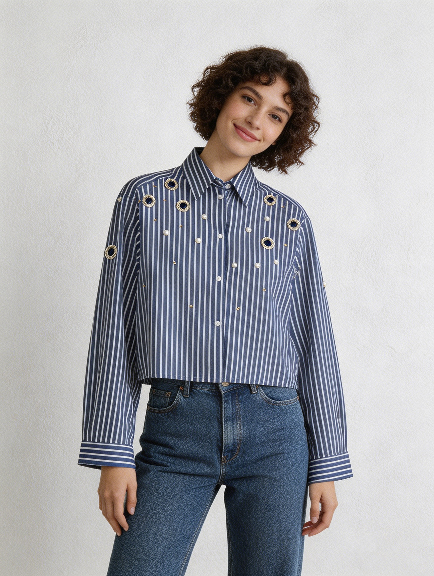 Women’s Embellished Striped Cropped Button Down Shirt C-41063