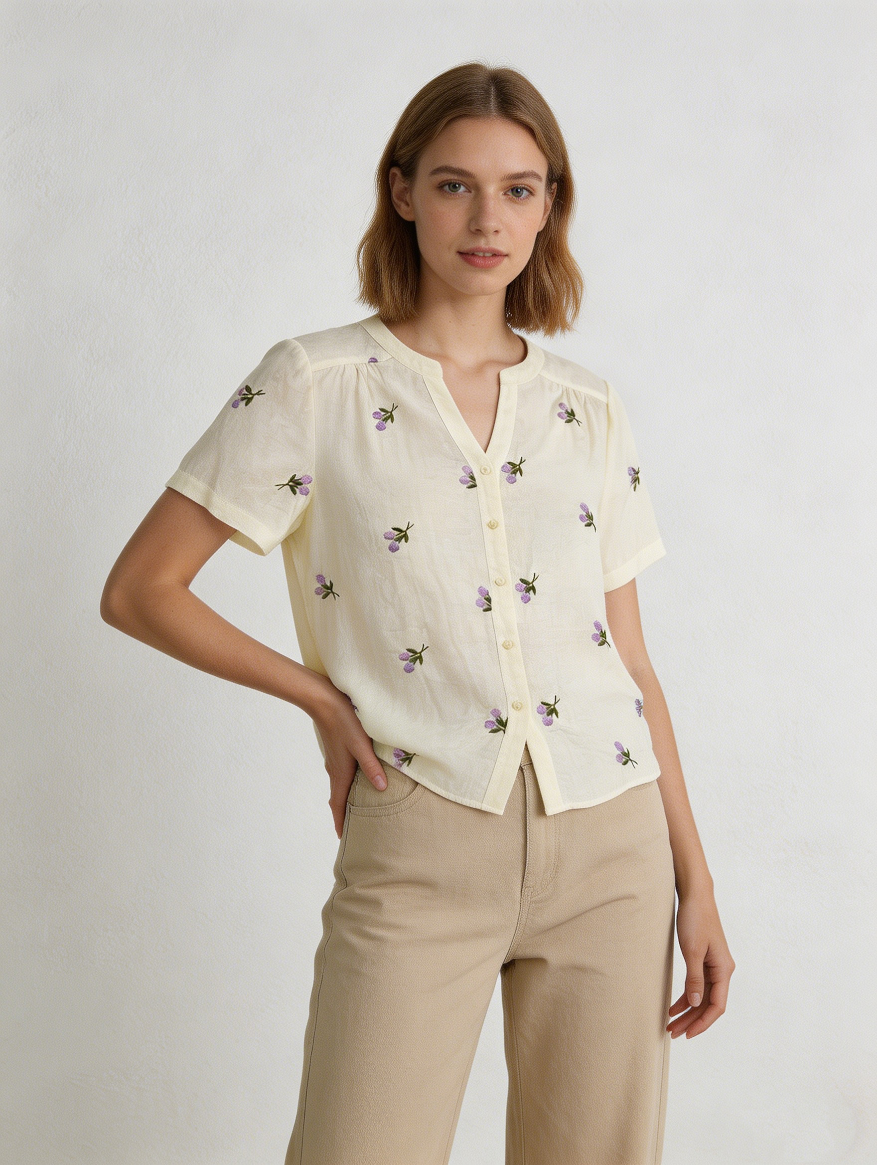 Women’s Floral Embroidered Short Sleeve Summer Blouse C-42306