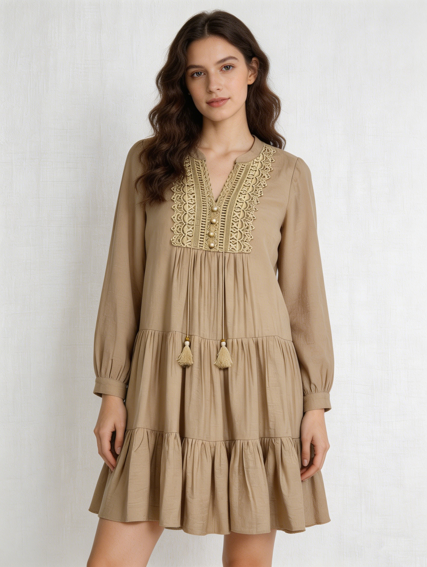 Women’s Boho Lace Panel Tassel Tie Tiered Mini Dress B-42051