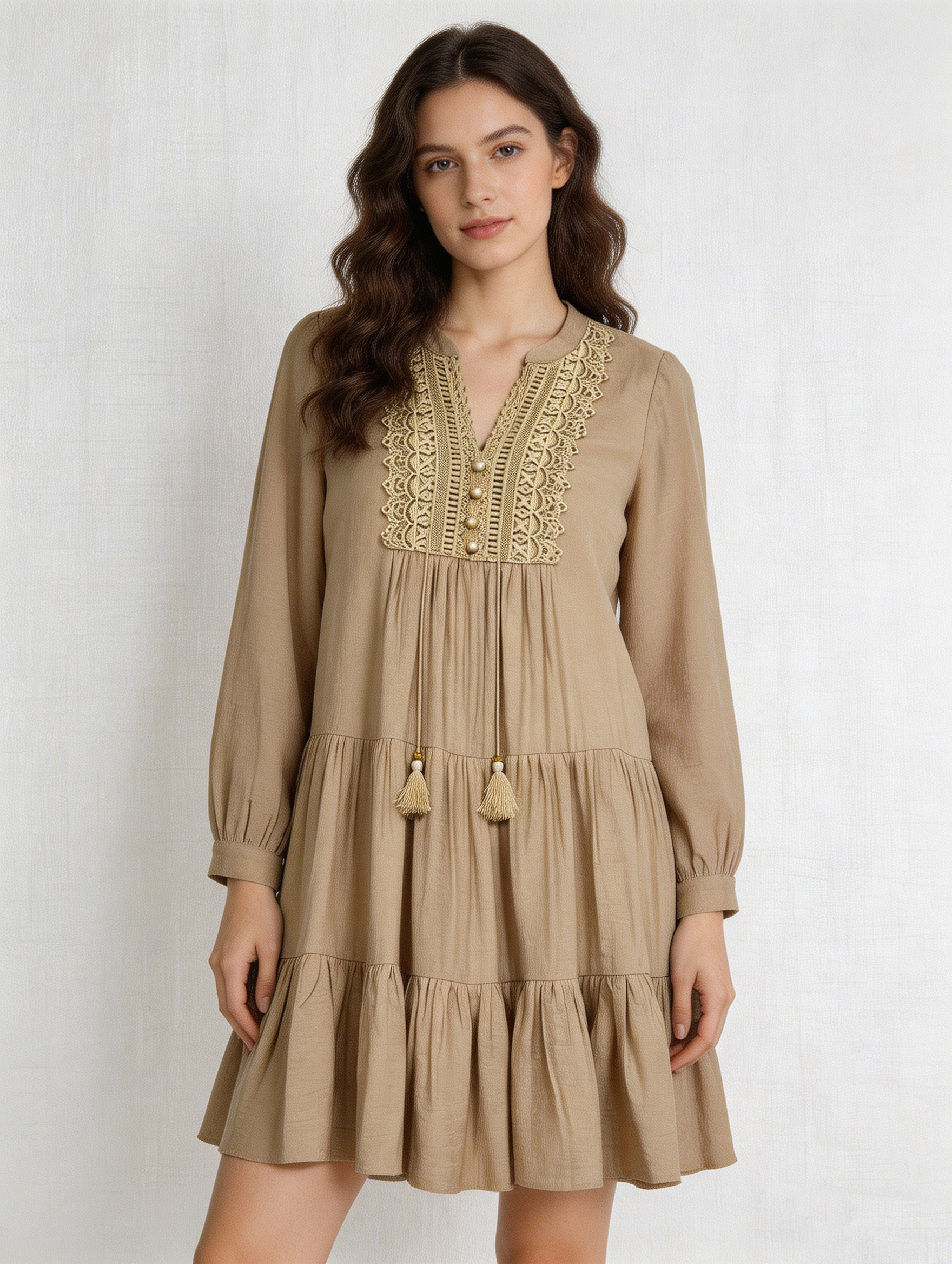 Women’s Boho Lace Panel Tassel Tie Tiered Mini Dress B-42051