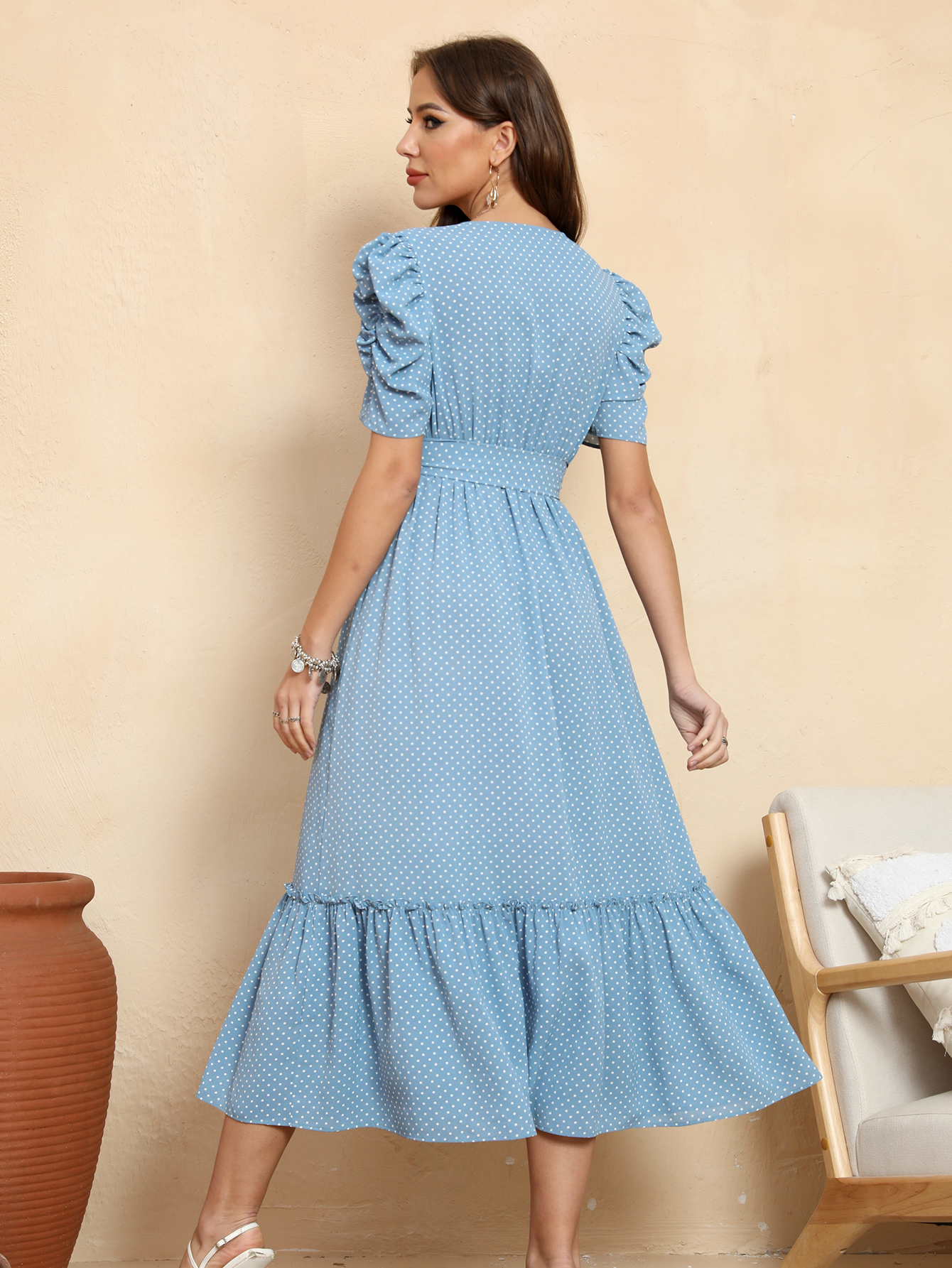 Women’s Vintage Polka Dot Puff Sleeve Midi Dress D-34795
