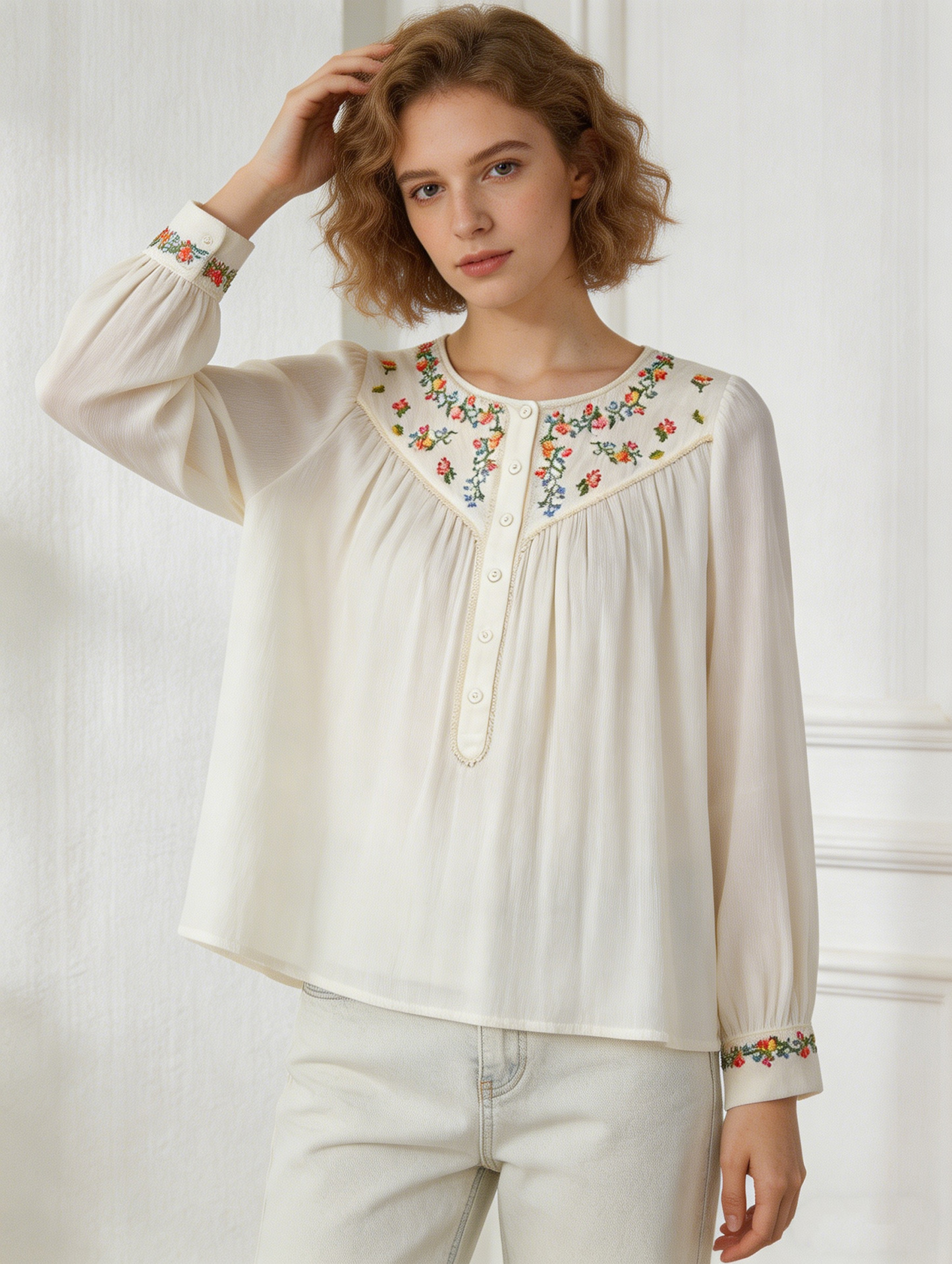 Women’s Boho Floral Embroidered Vintage Peasant Blouse M-38983