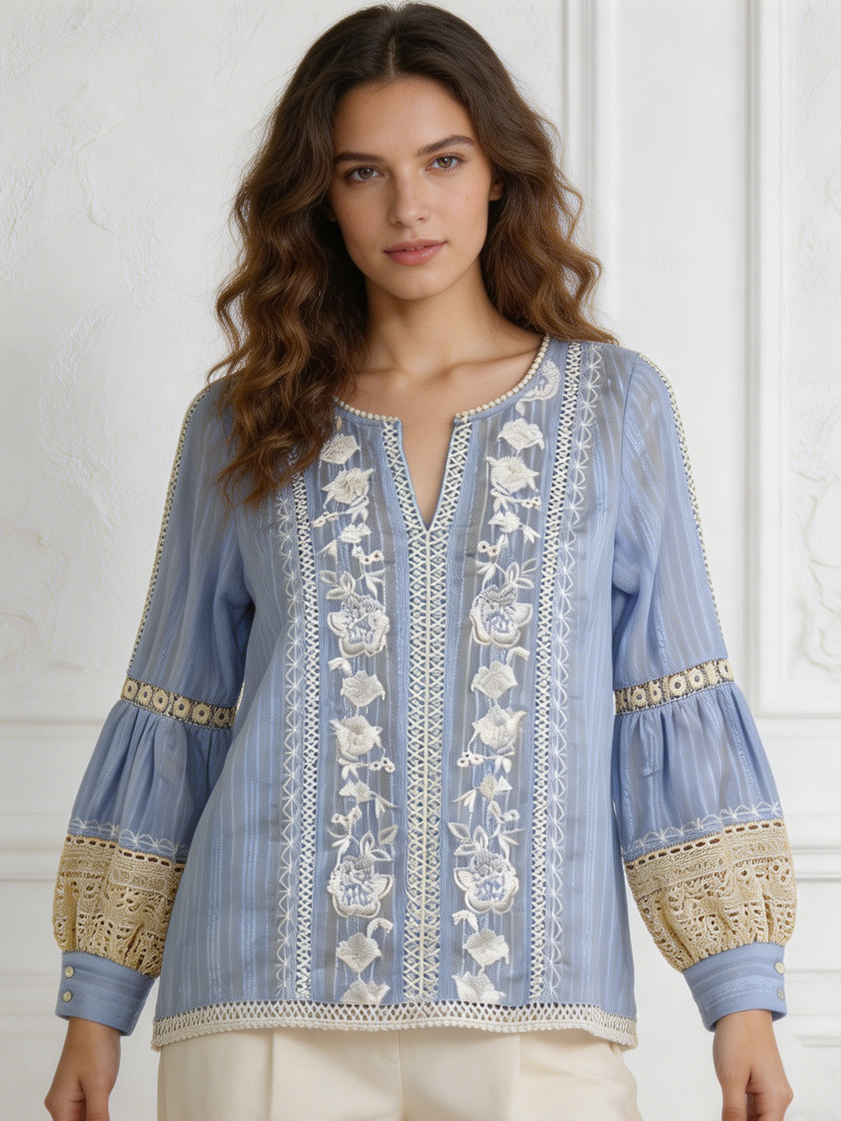 Women’s Boho Floral Embroidered Lace Patchwork Blouse W-26500