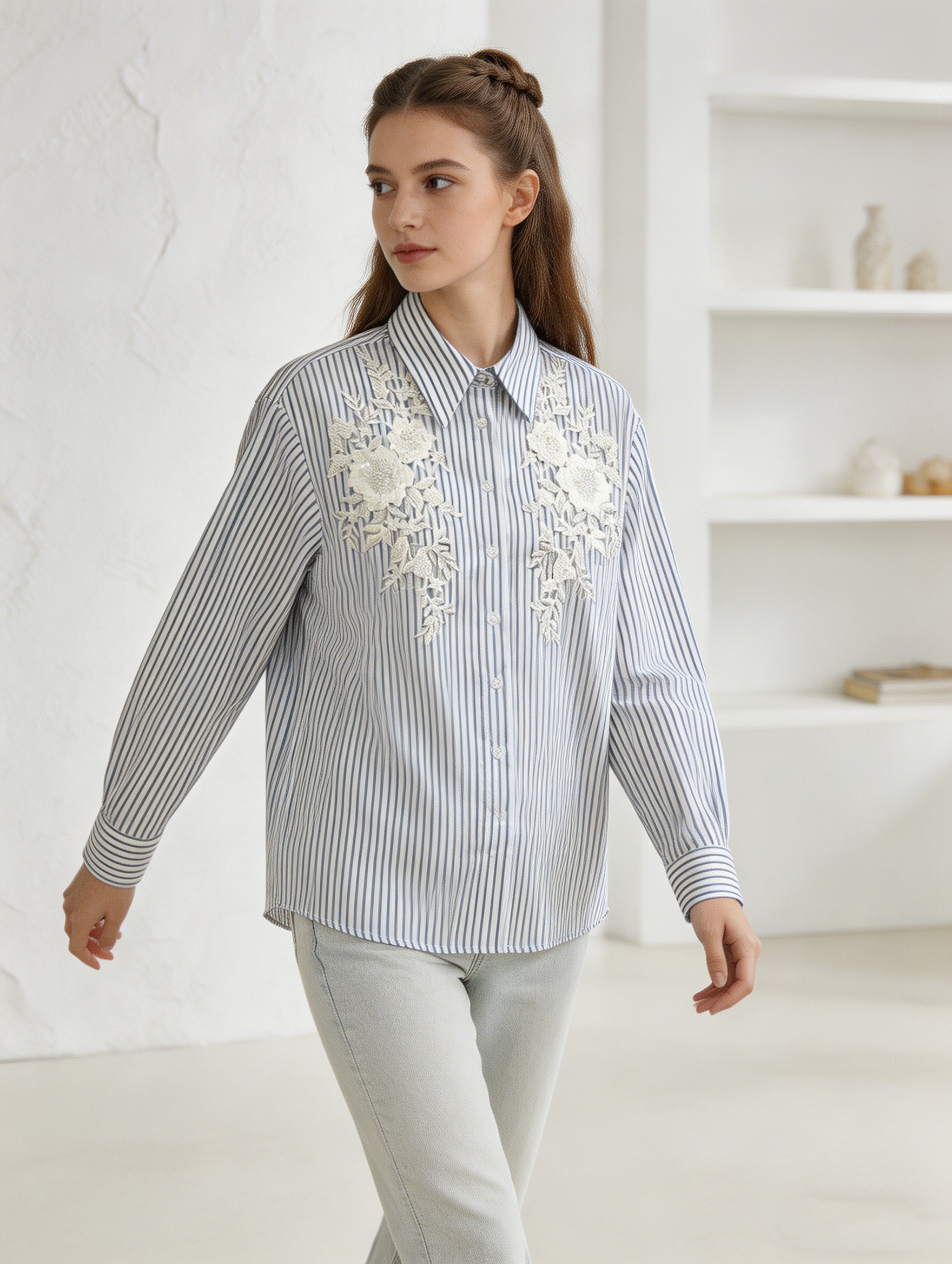 Women’s Striped Floral Embroidered Button-Up Shirt W-40350