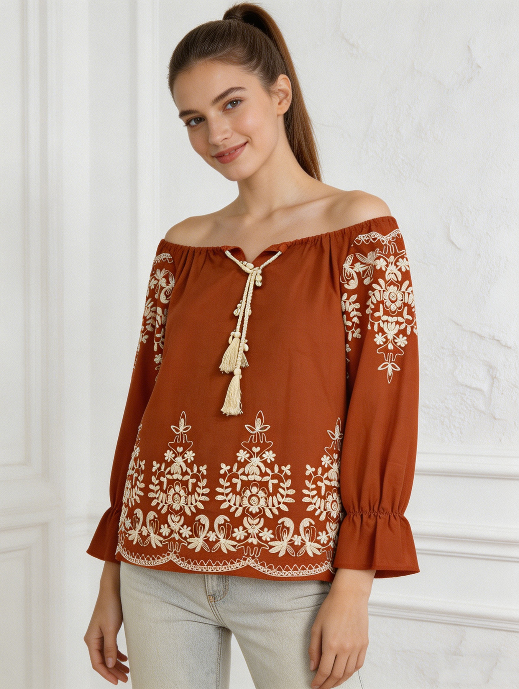Women’s Boho Floral Embroidered Tassel Peasant Blouse X-26013
