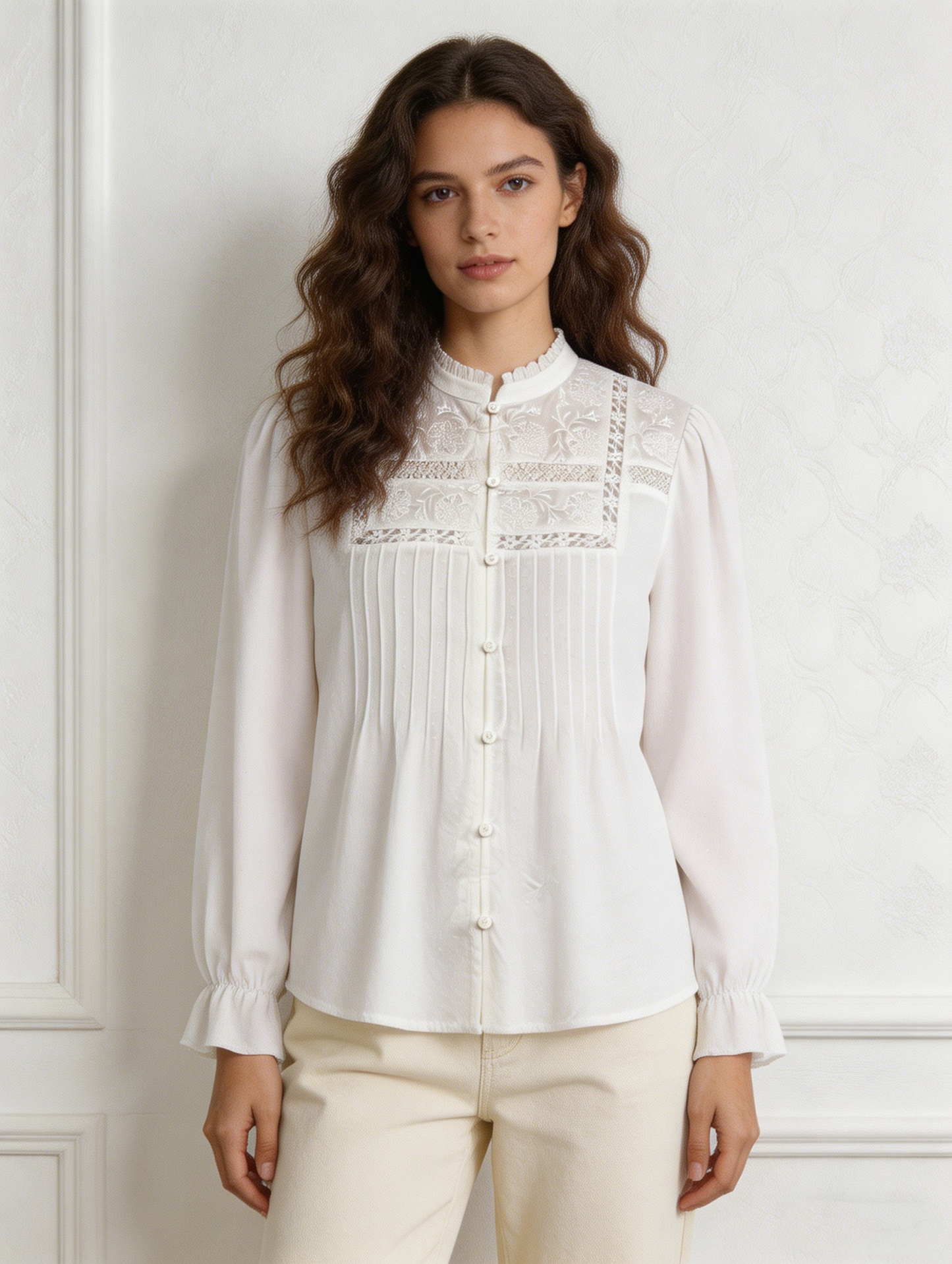 Women’s Vintage Lace Embroidered Pintuck Blouse Y-39493