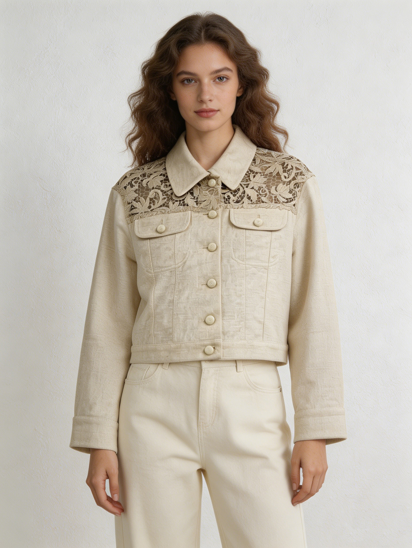 Women’s Lace Panel Linen Blend Cropped Trucker Jacket SZLA-320015