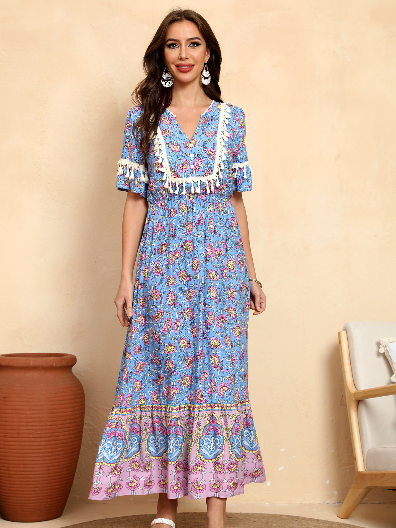 Women’s Boho Floral Tassel Trim Maxi Dress D-34727