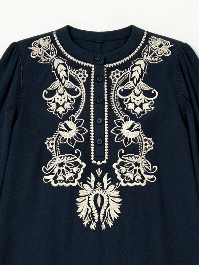 Wholesale Navy Blue Floral Embroidered Tunic Top Boho Long Sleeve Button Down Blouse AN-260413