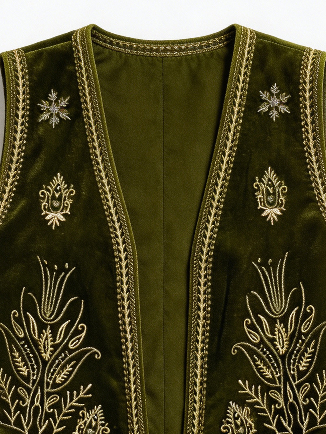 Artisan Embroidered Olive Velvet Boho Vest AN-980010