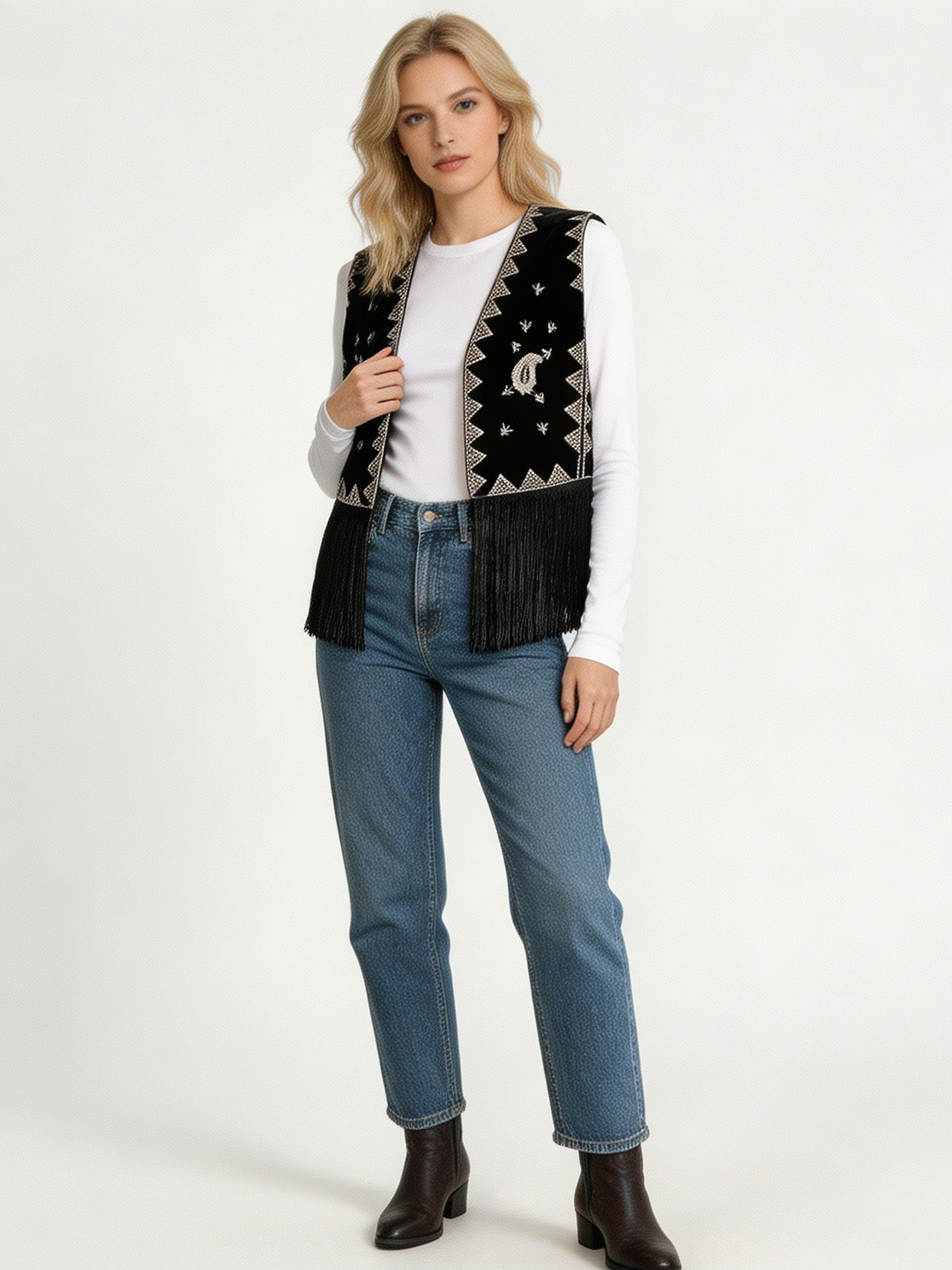 Boho Black Velvet Embroidered Fringe Vest AN-980011