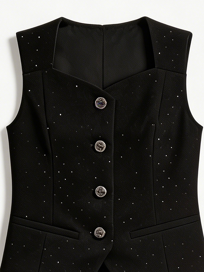 Modern Retro Square Neck Button Front Vest Top Slim Fit Long Skirt Ensemble C-41461+C-41462