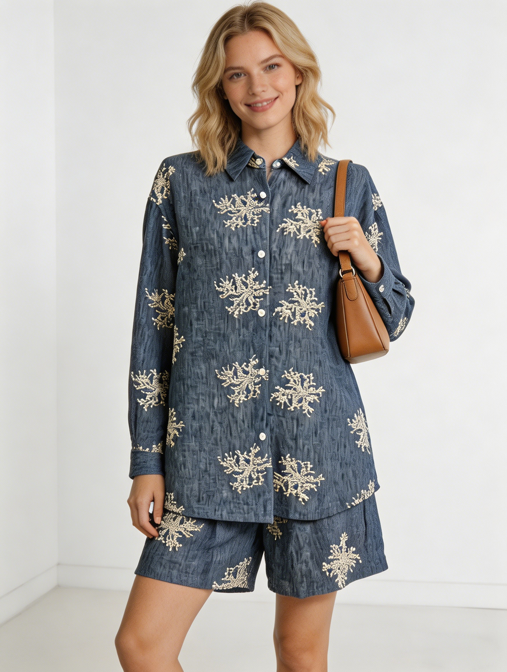 Fashion Long Sleeve Collar Button Front Tunic Top Casual Linen Look Summer Ensemble C-41713+C-41561