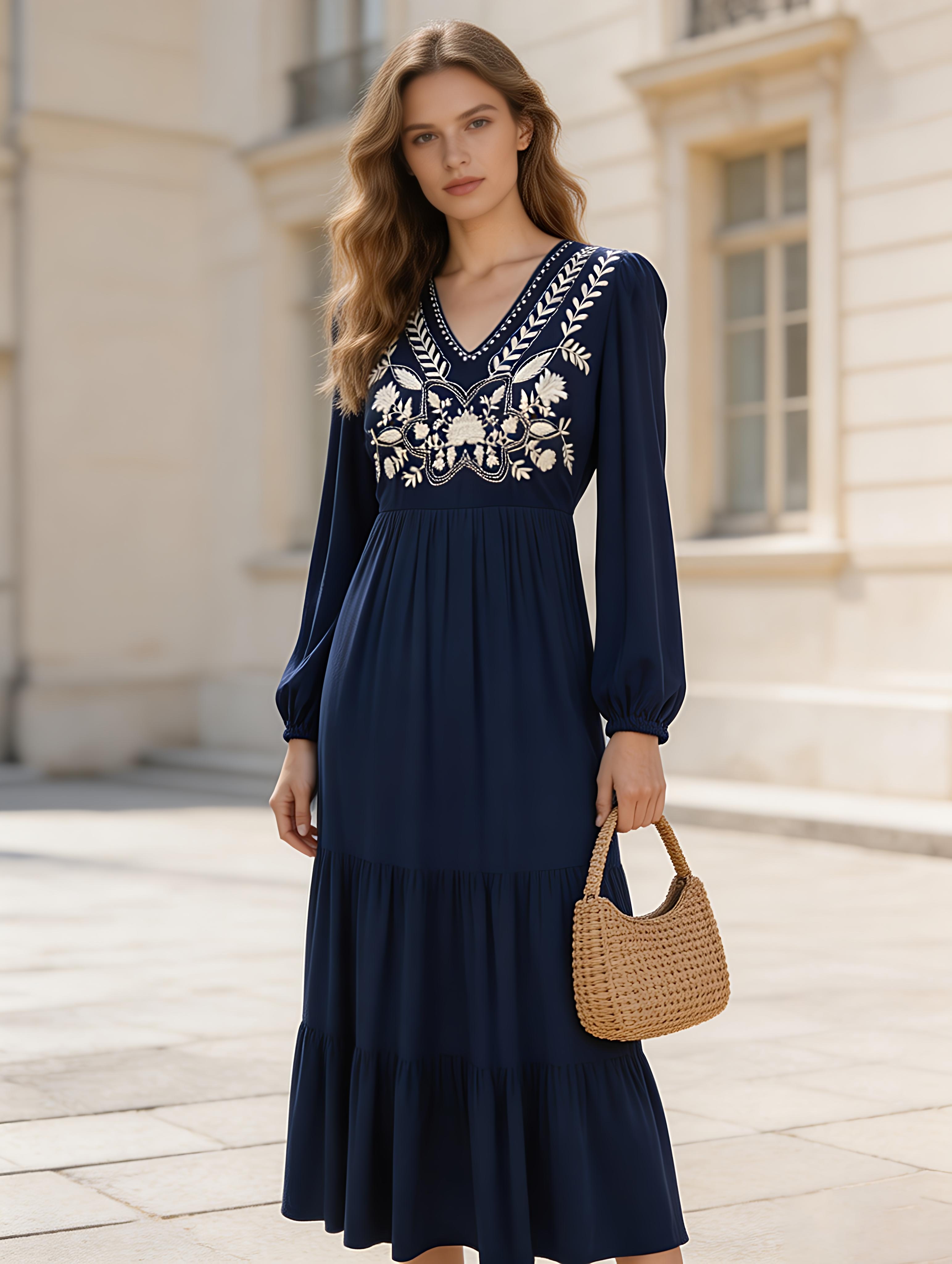 Navy Blue Embroidered Boho Maxi Dress D-34131