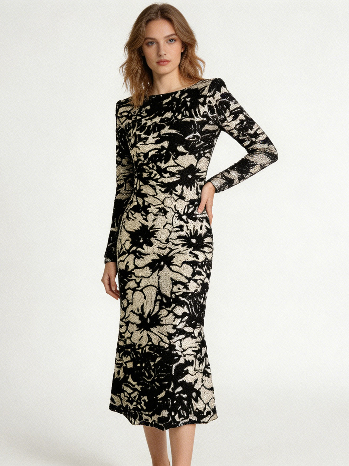 Black Sequin Floral Lace Midi Dress L-40741
