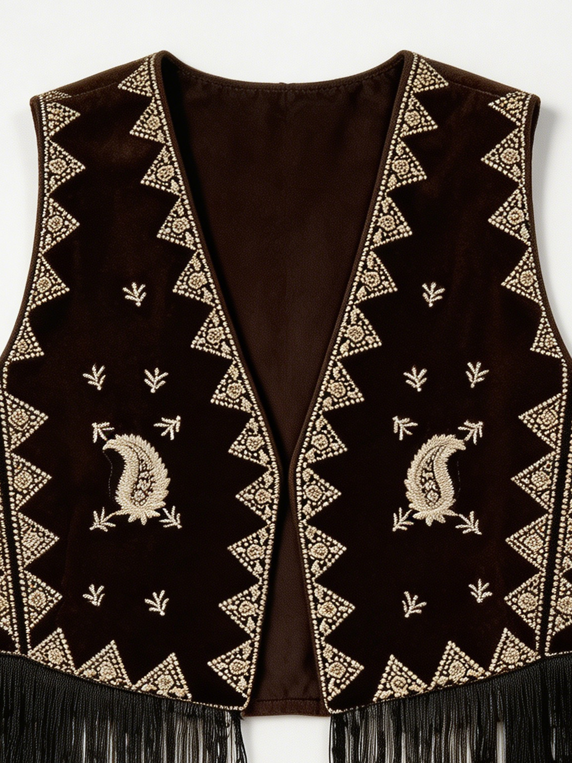 Boho Brown Velvet Embroidered Fringe Vest W-33701