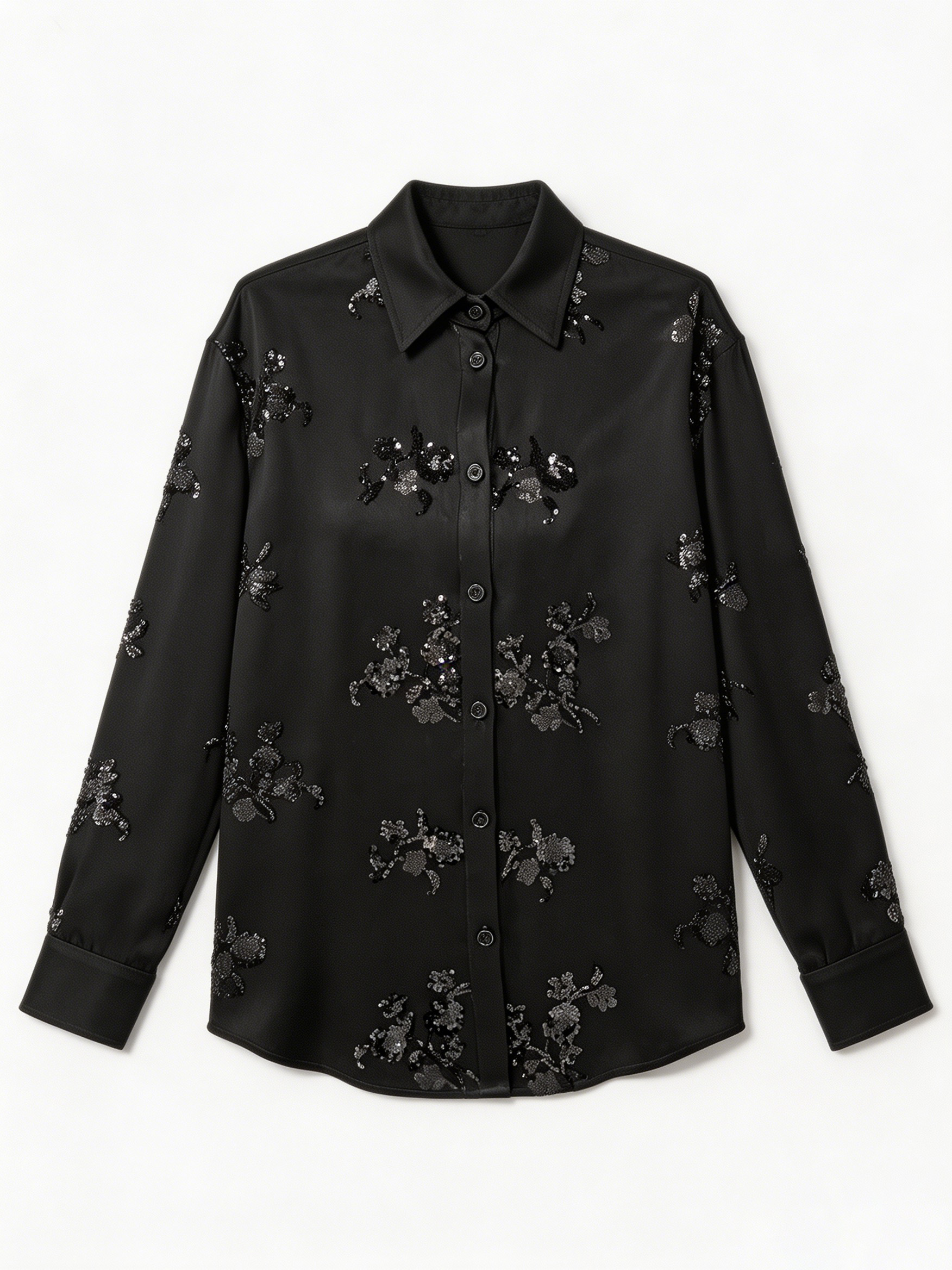 Black Sequin Floral Satin Blouse W-34363