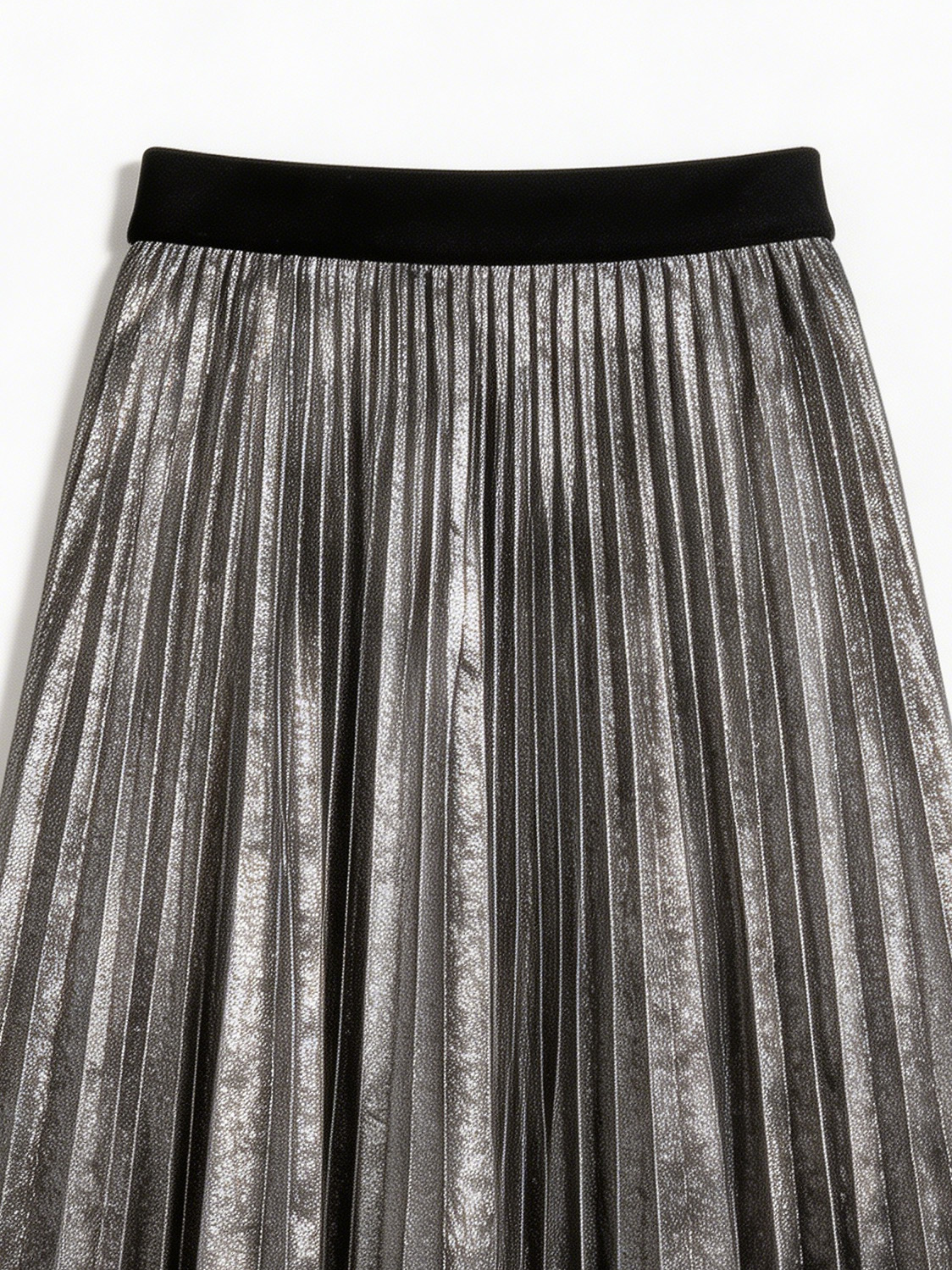 Silver Metallic Pleated Midi Skirt W-35616