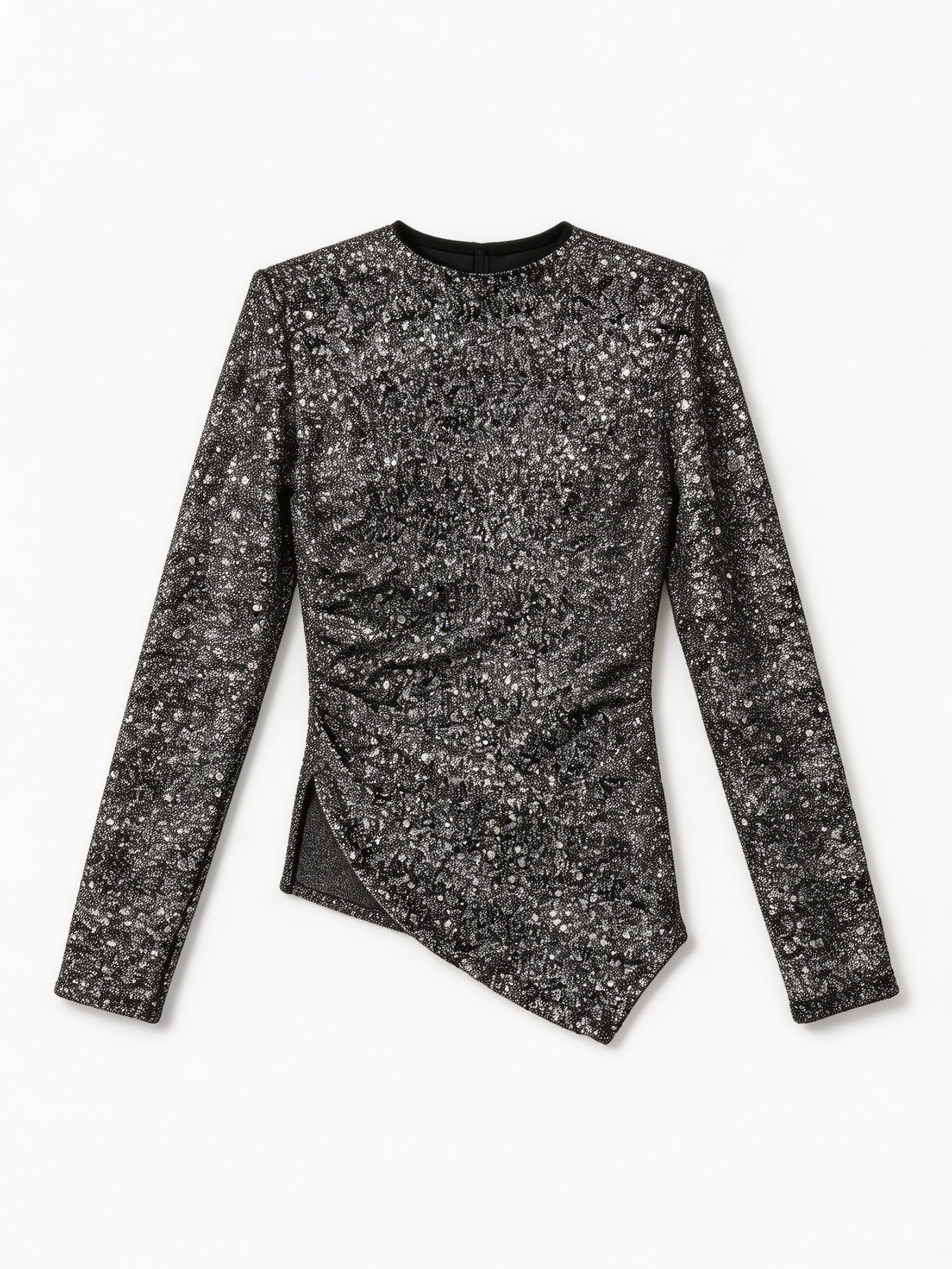 Black Sequin Asymmetrical Padded Shoulder Top W-37480