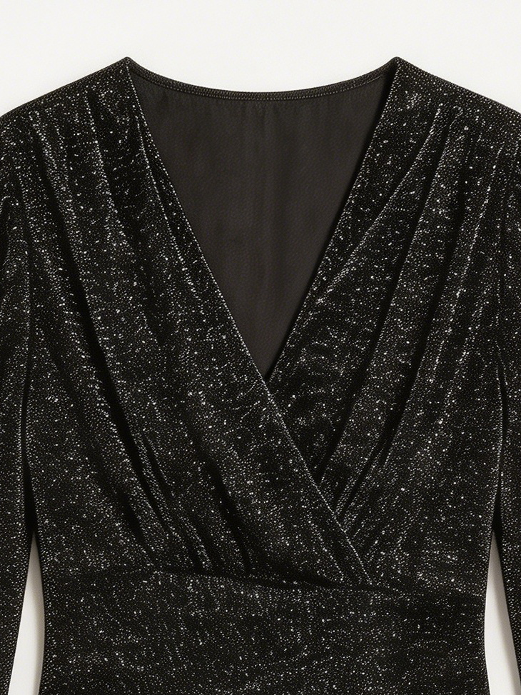 Black Sparkly Ruched Ruffle Mini Dress W-40951