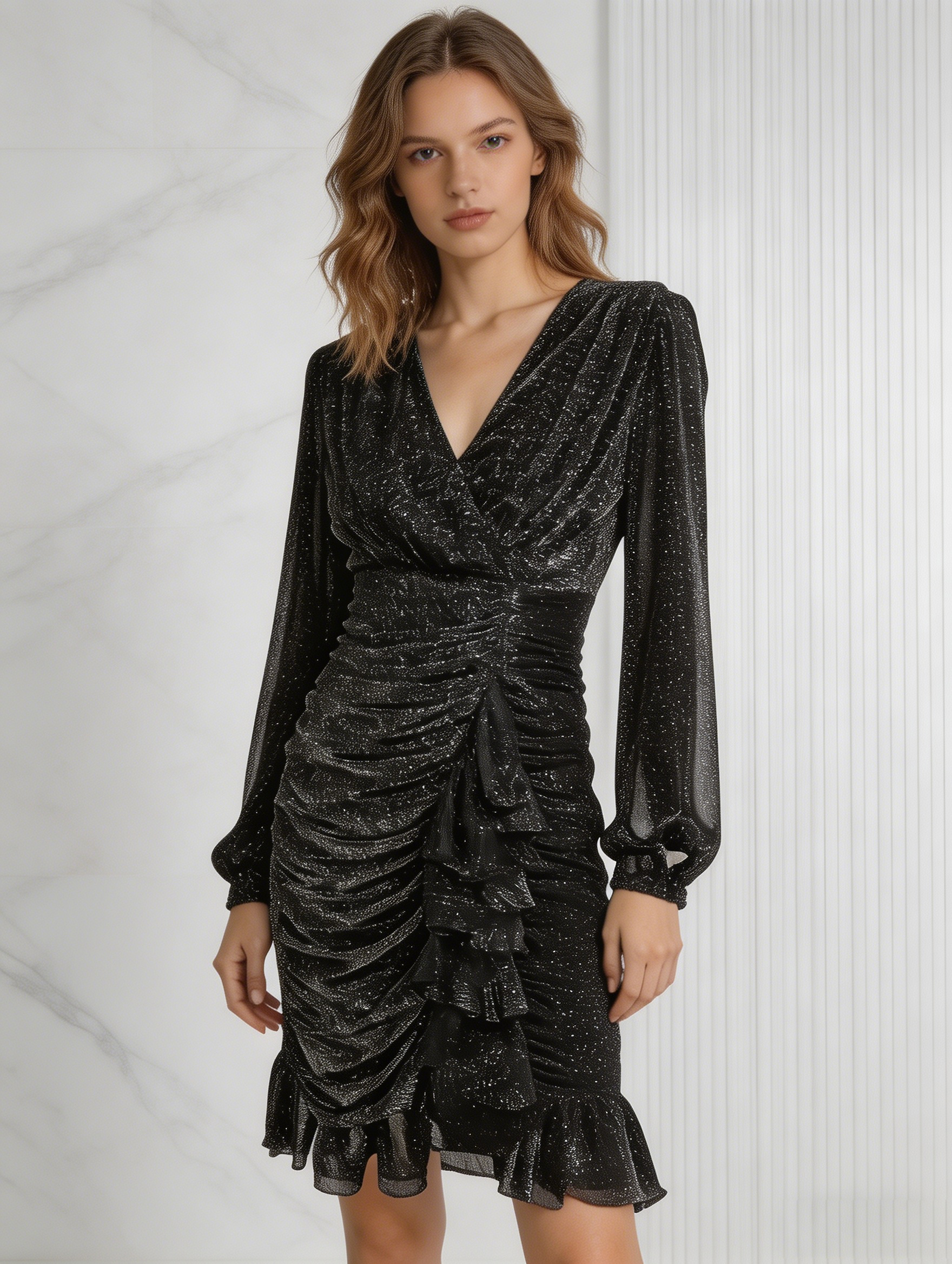 Black Sparkly Ruched Ruffle Mini Dress W-40951