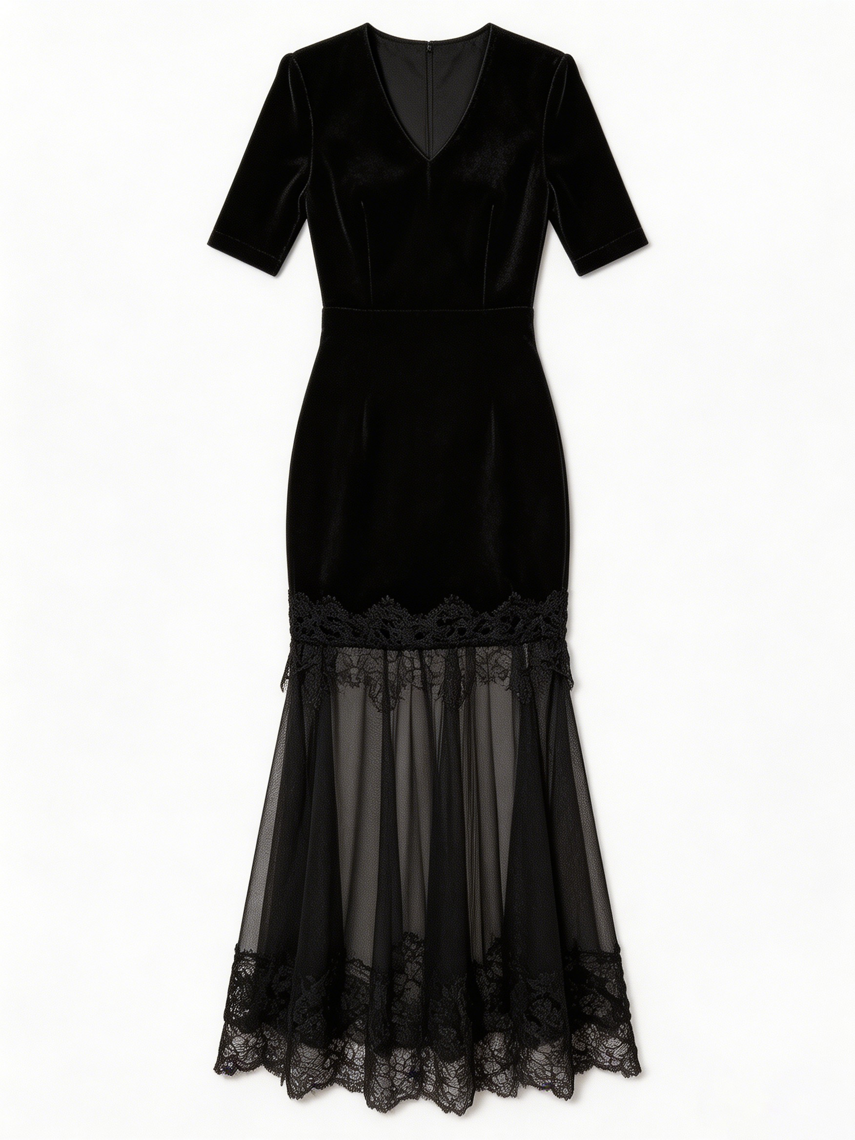 Black V-Neck Shoulder Pad Maxi Dress with Sheer Lace Hem W-41026