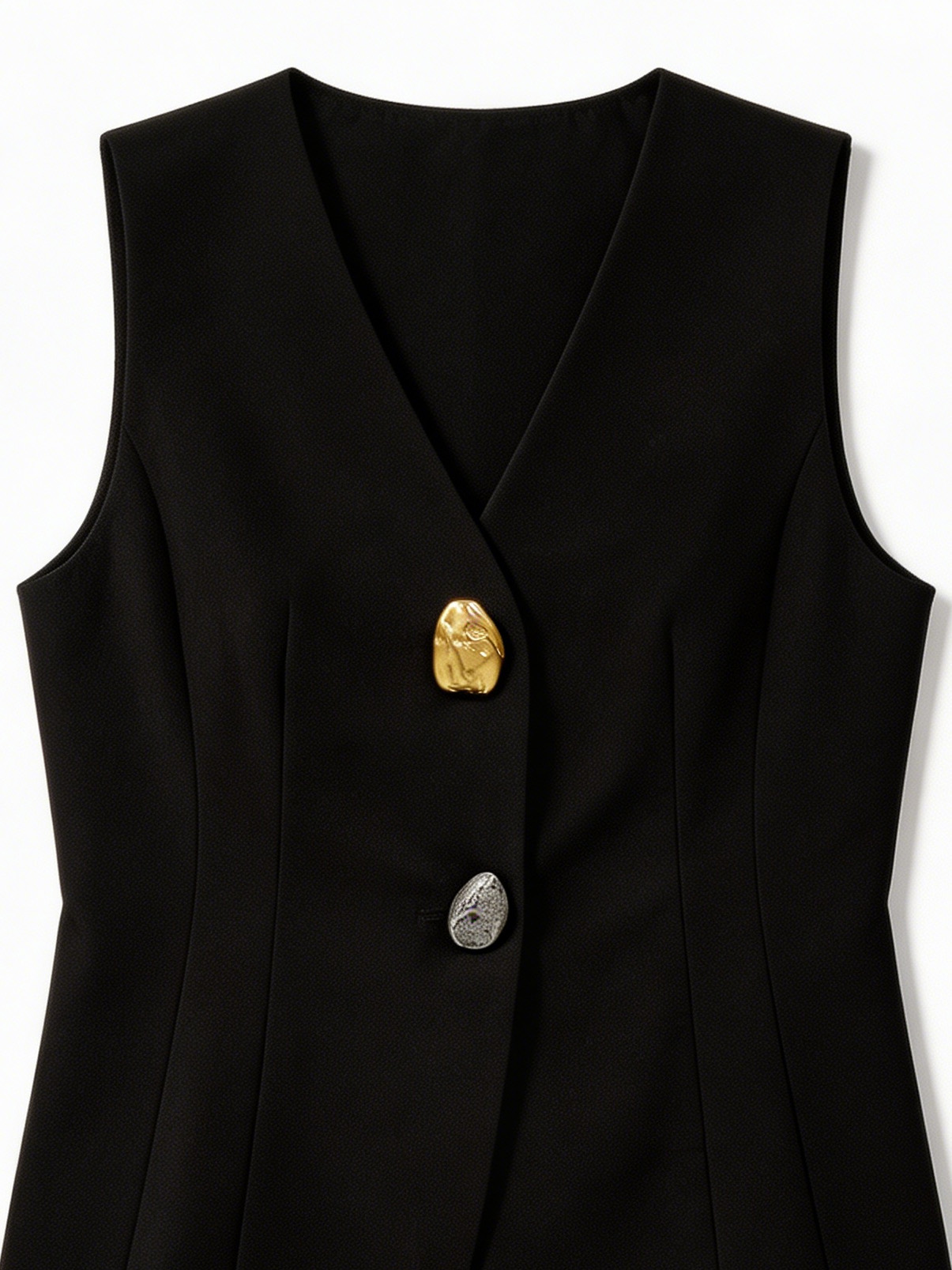 Chic Tailored Black Longline Vest with Statement Sculptural Buttons W-41293