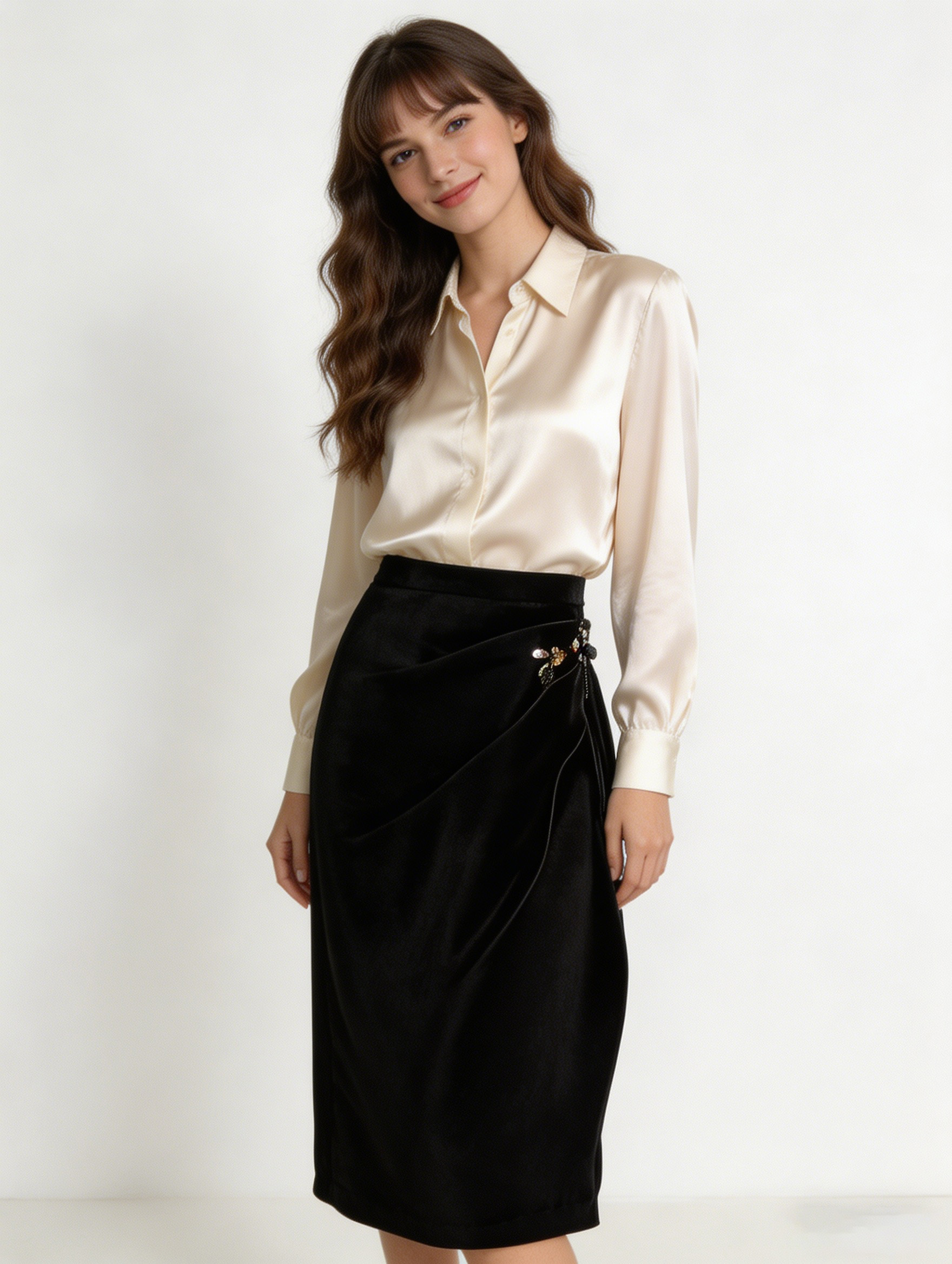 Quiet Luxury Black Draped Wrap Midi Skirt Y-22101