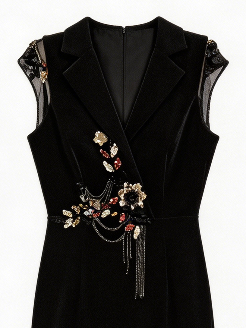 Black Velvet Embellished V-Neck Midi Dress YL221002