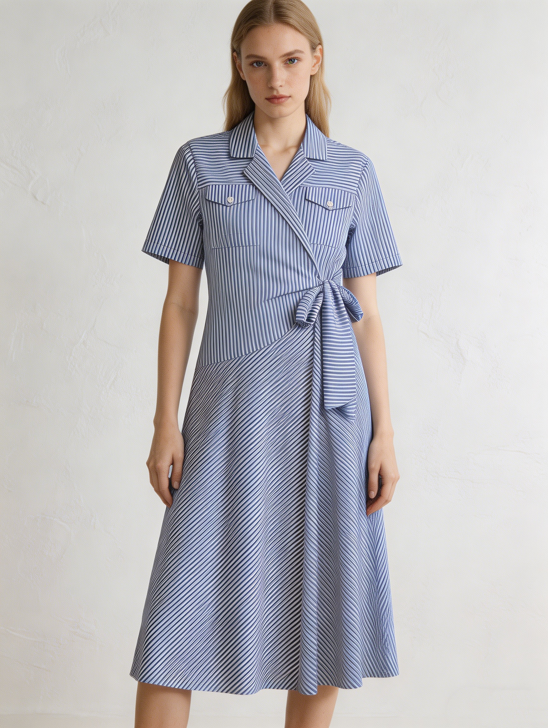 Blue Striped Belted Shirt Dress D-40370