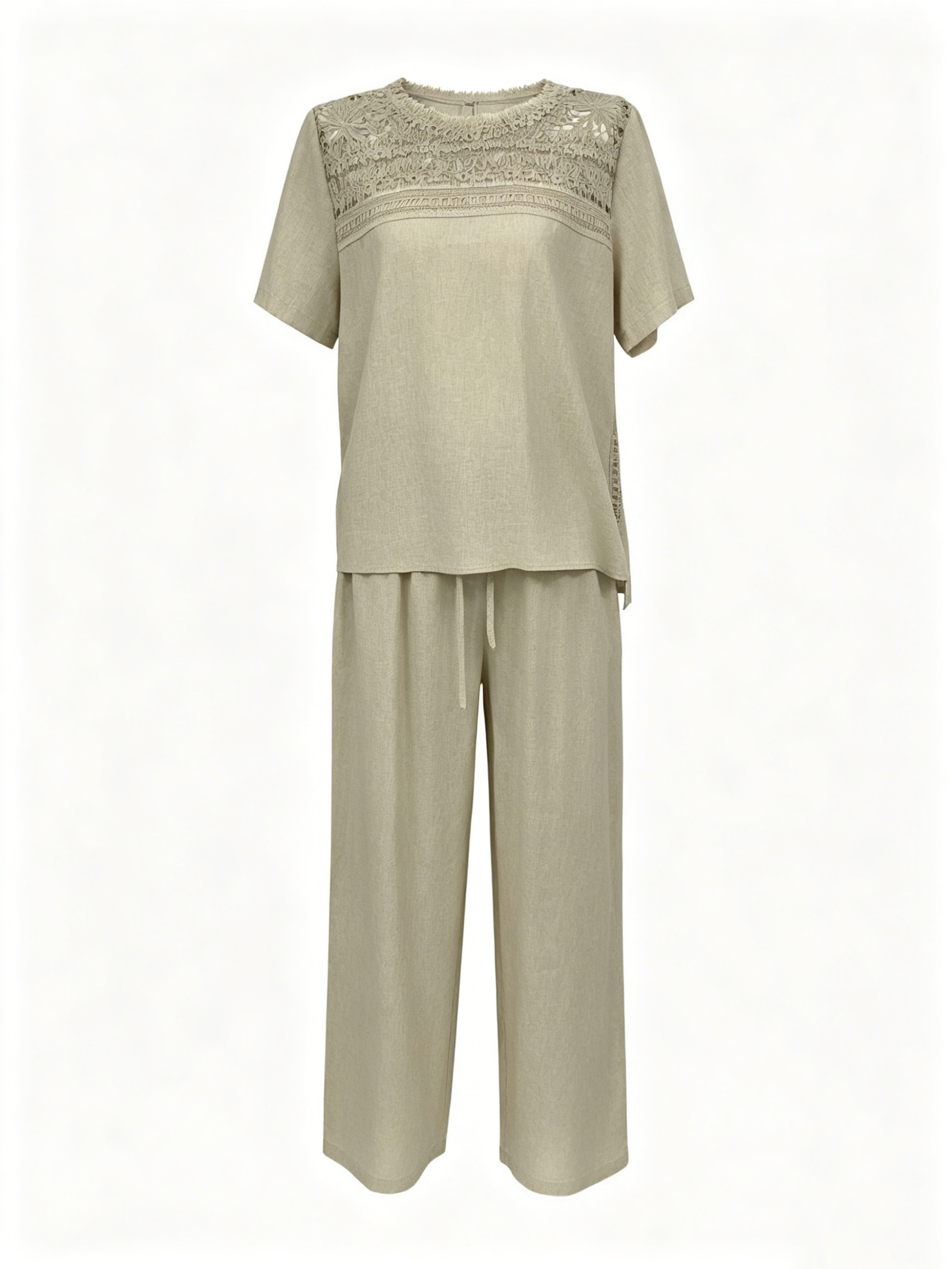 Women’s Linen Two Piece Set – Lace Panel Top & Wide Leg Pants