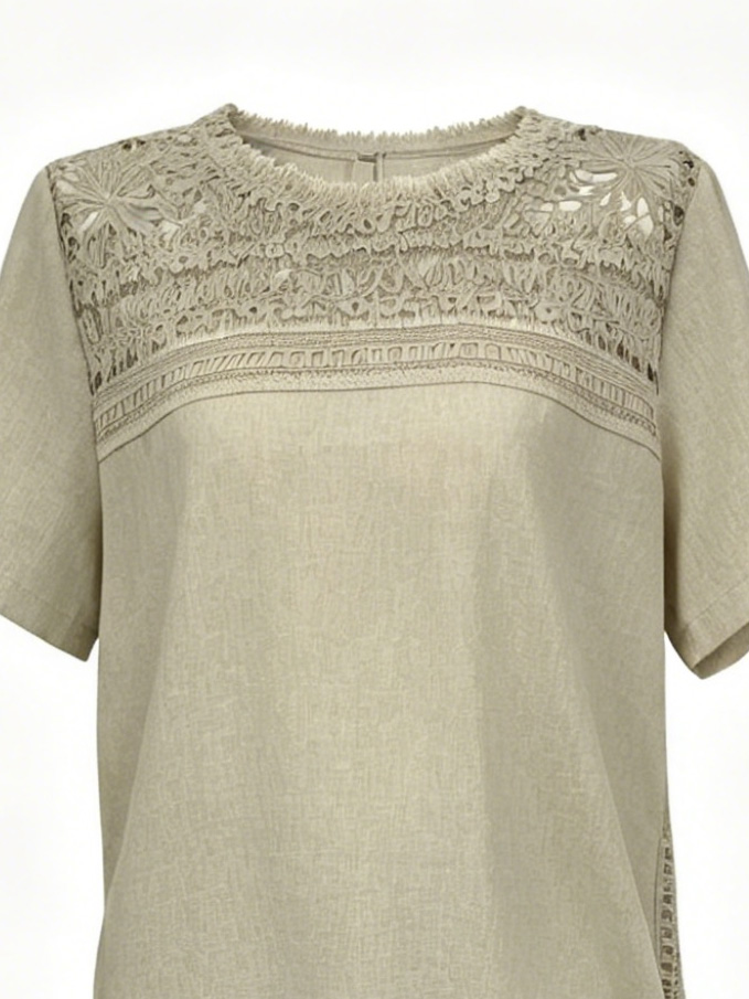 Women’s Linen Two Piece Set – Lace Panel Top & Wide Leg Pants