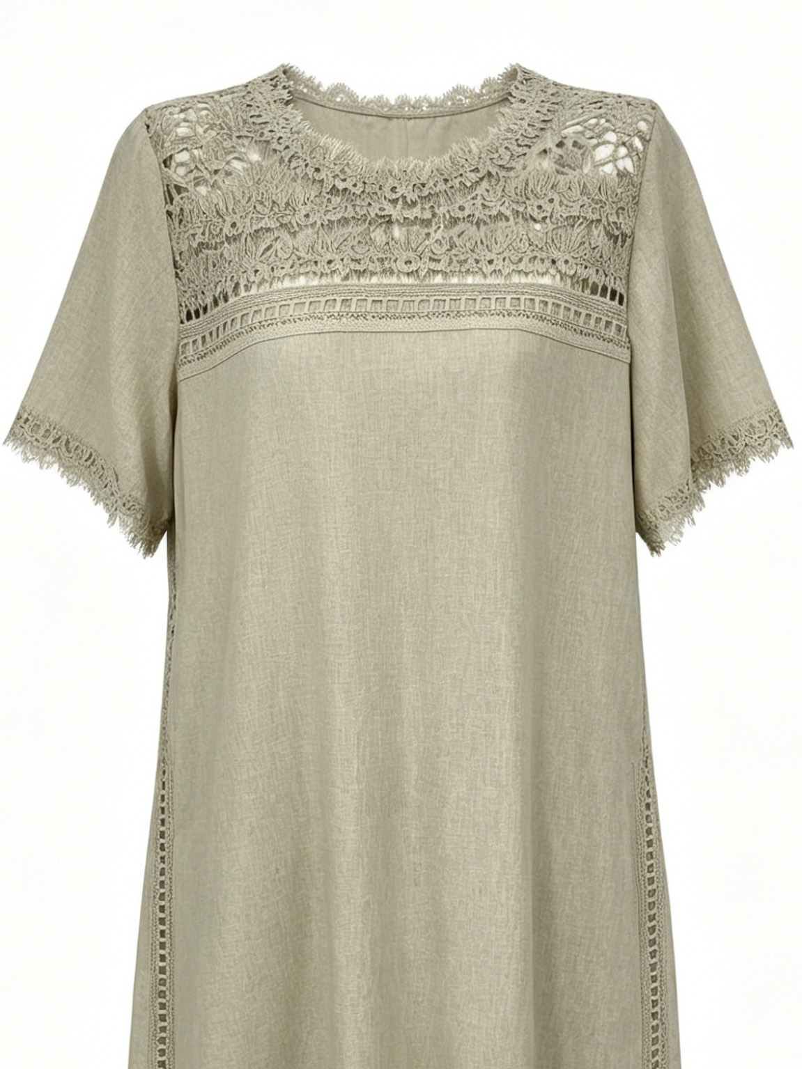 Women’s Linen Midi Dress – Lace Yoke Loose Boho Summer Dress W-42901