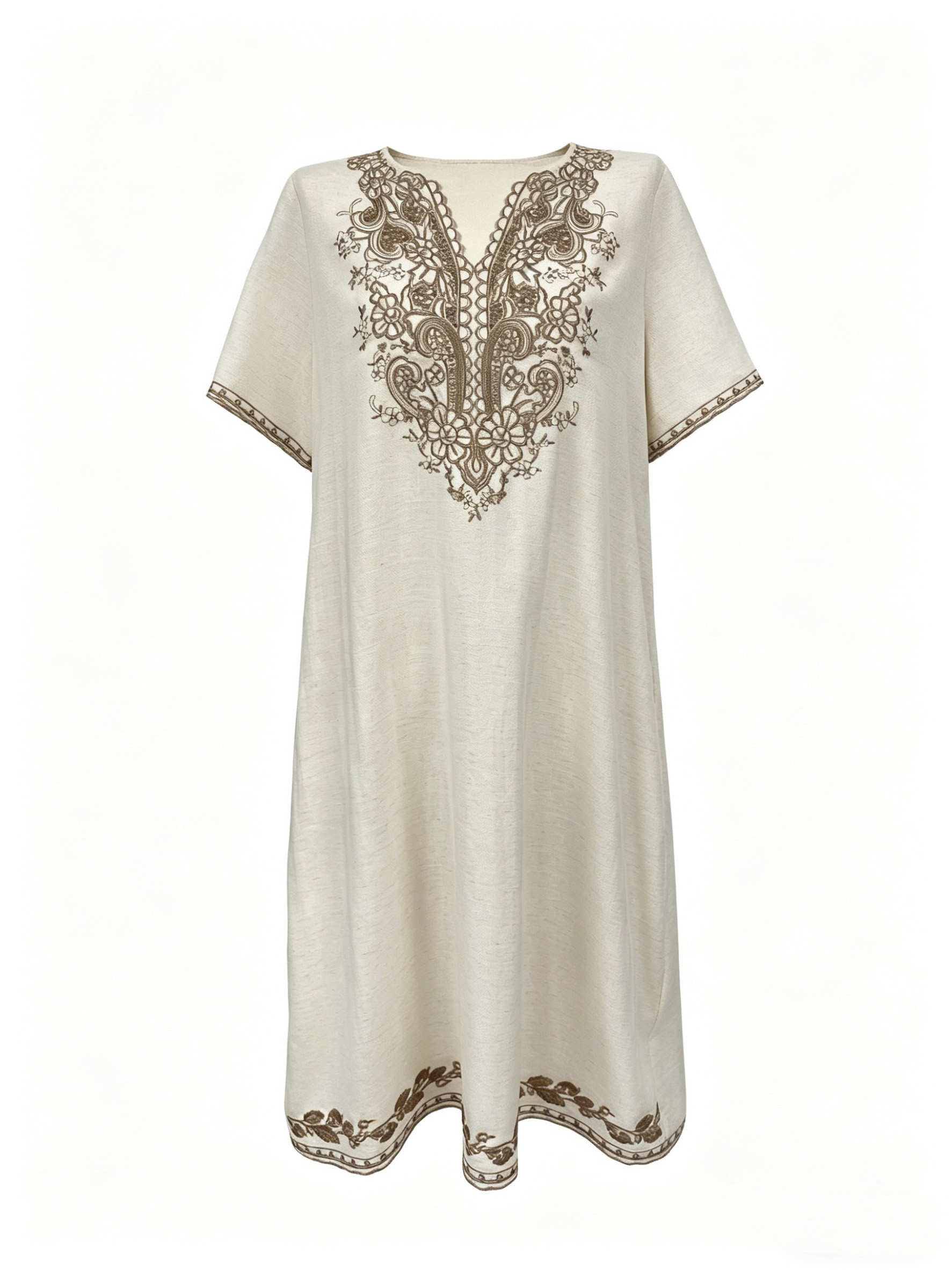 Boho Embroidered Linen-Look Maxi Dress W-42937