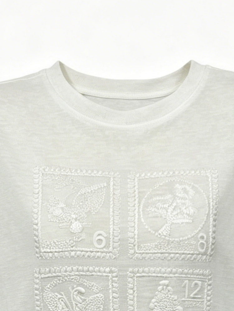Women’s Crew Neck Textured Embroidered Tee W-42792