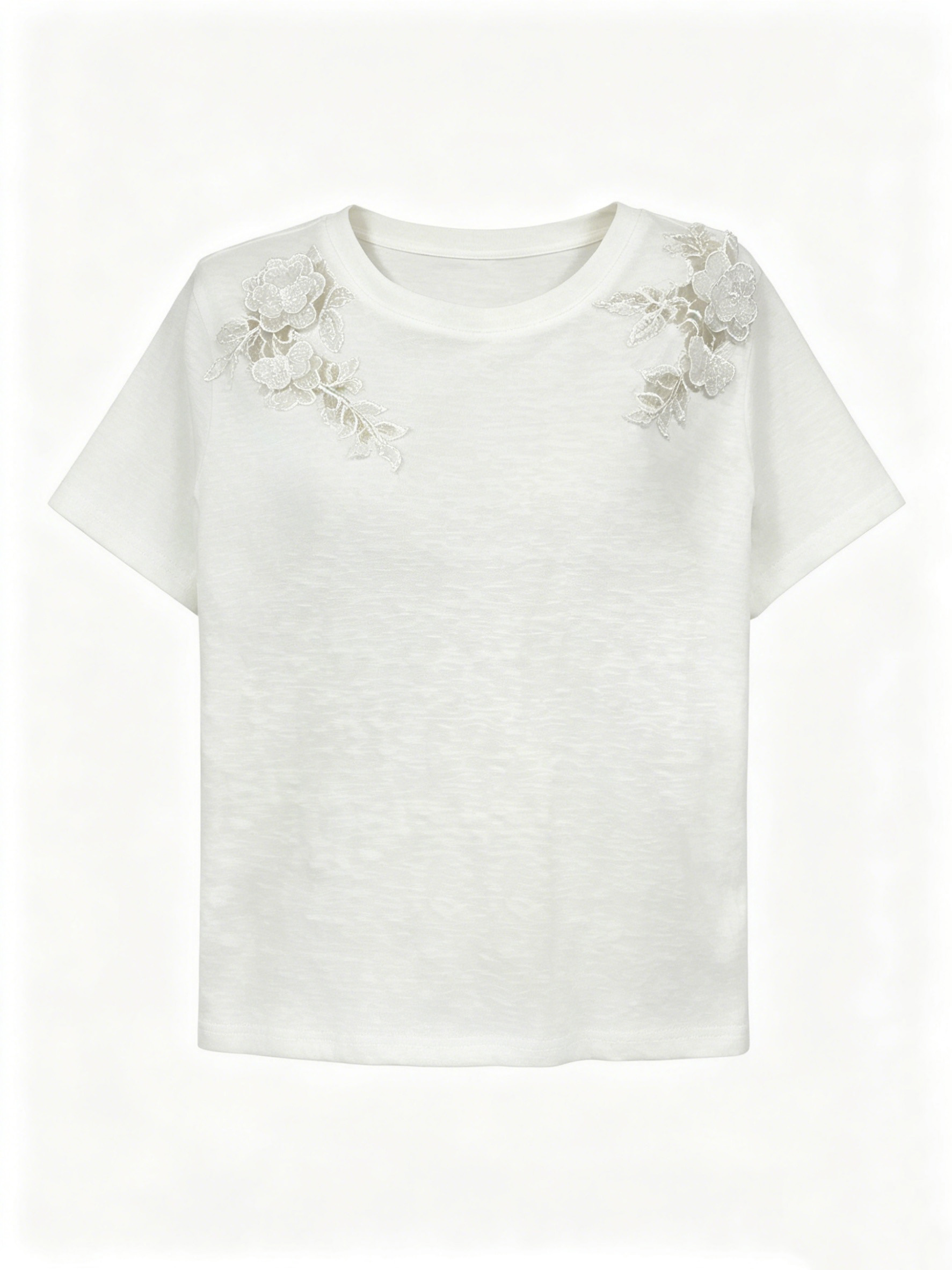 Minimalist Cotton T-Shirt with 3D Lace Flower - Chic Daily Top W-42843