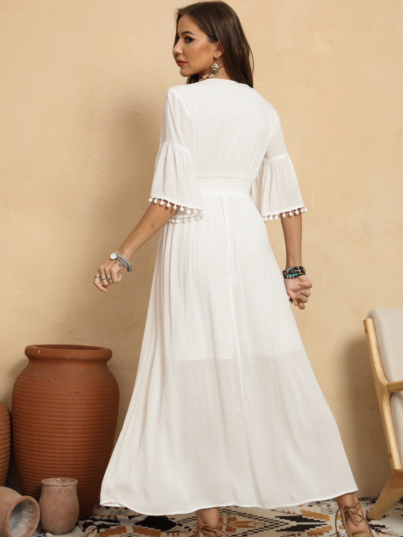 Women’s Boho Embroidered V-Neck Flare Sleeve Maxi Dress D-34958