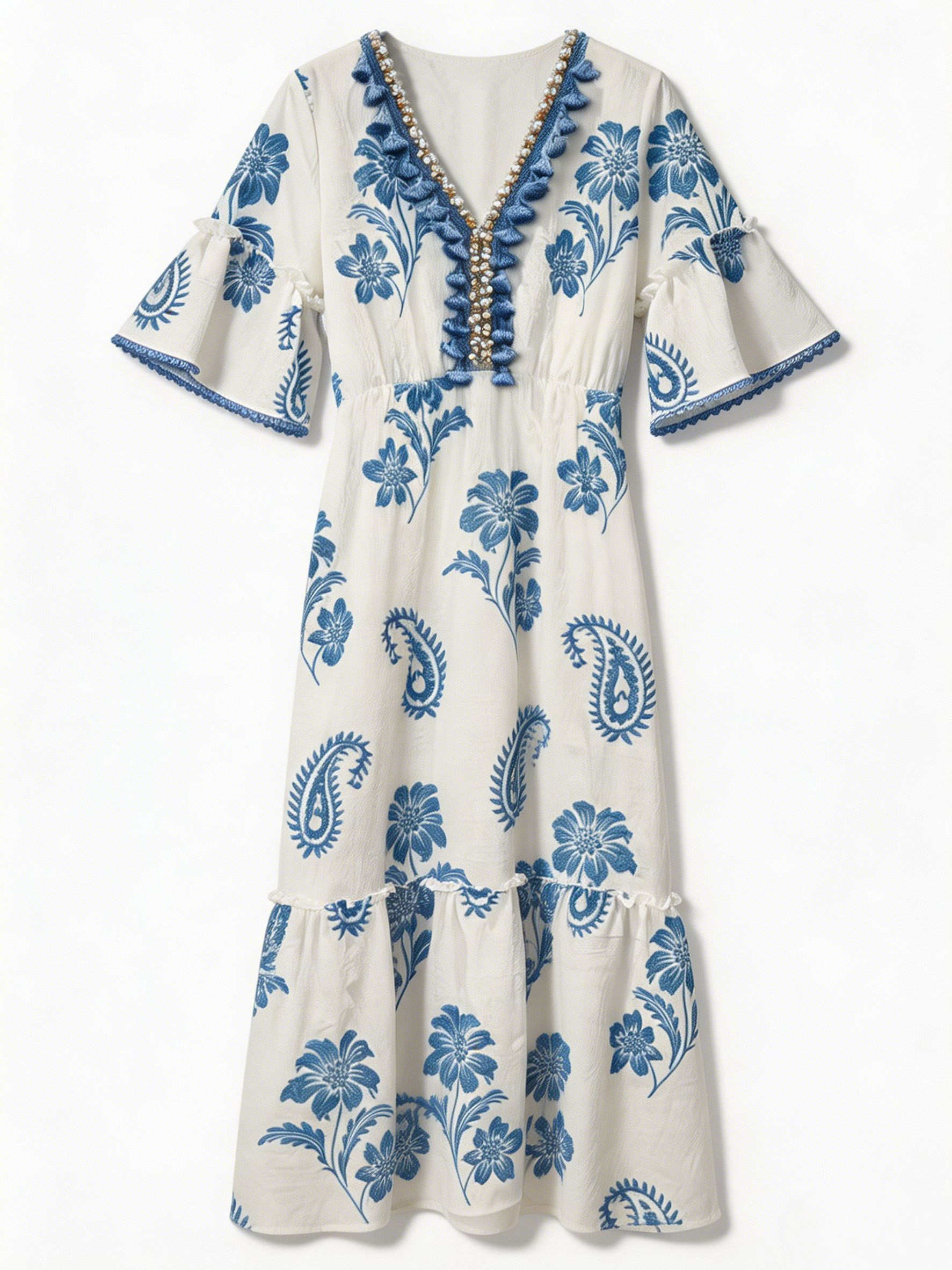White & Blue Paisley Floral Print Boho Maxi Dress with Beaded Tassel V-Neck – Cotton Linen Resort Beach Wear W-42665