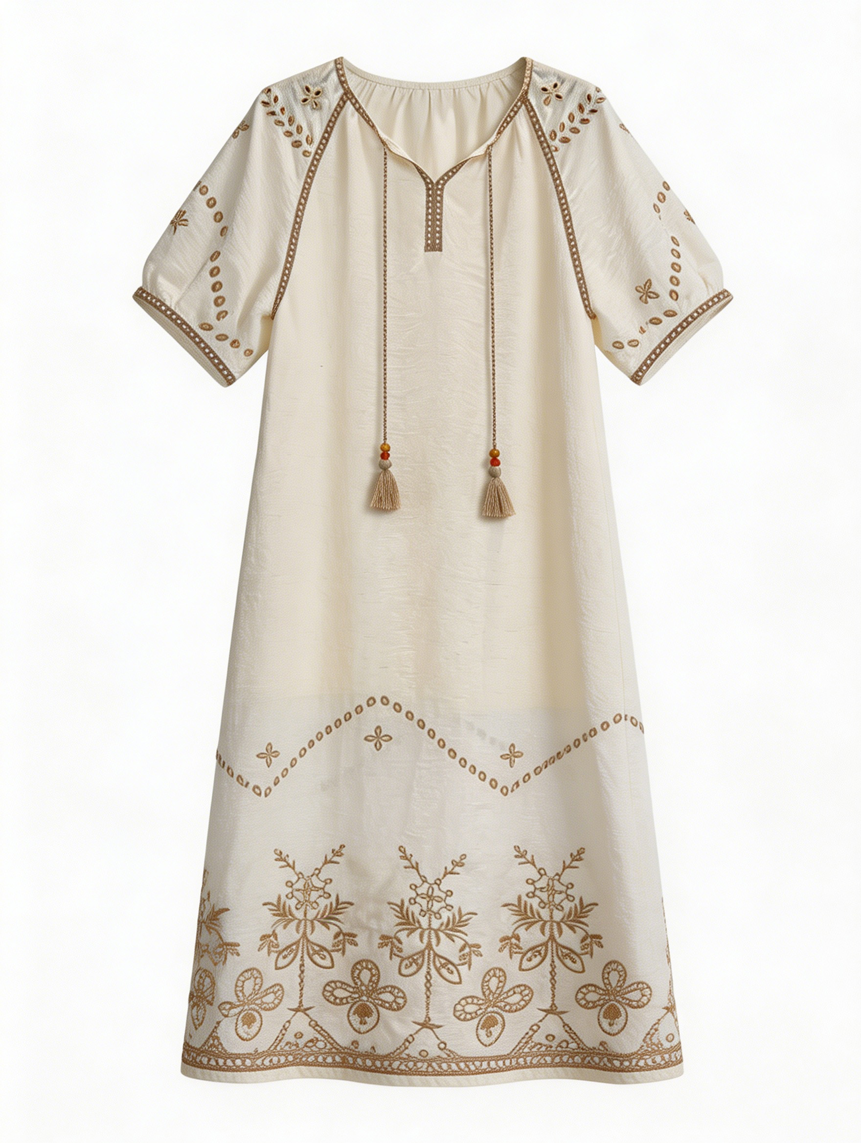 Elegant Ivory Embroidered Long Gown - Vintage Style with Beaded Neck Tassels W-42676