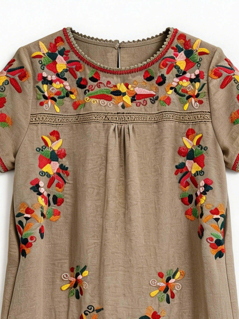 Summer Resort Linen-Look Midi Dress - Handcrafted Floral Pattern on Earthy Tone W-42704