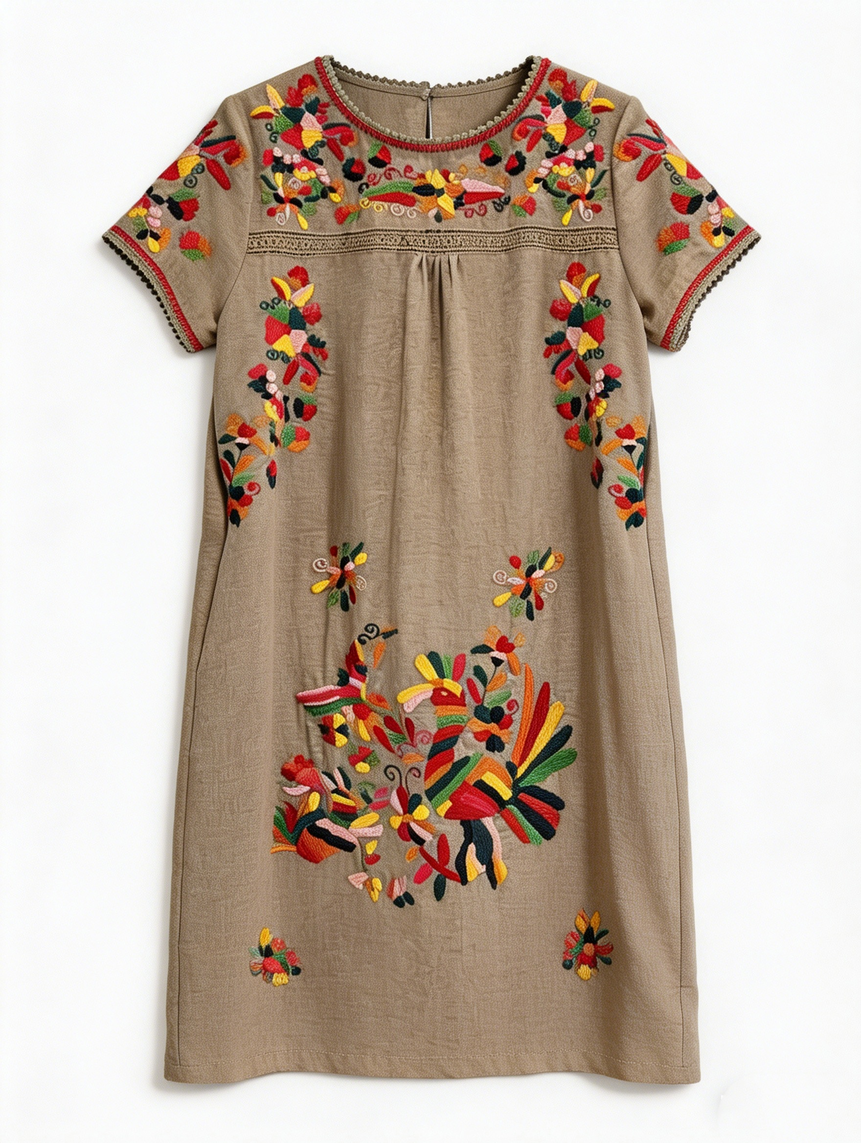 Summer Resort Linen-Look Midi Dress - Handcrafted Floral Pattern on Earthy Tone W-42704