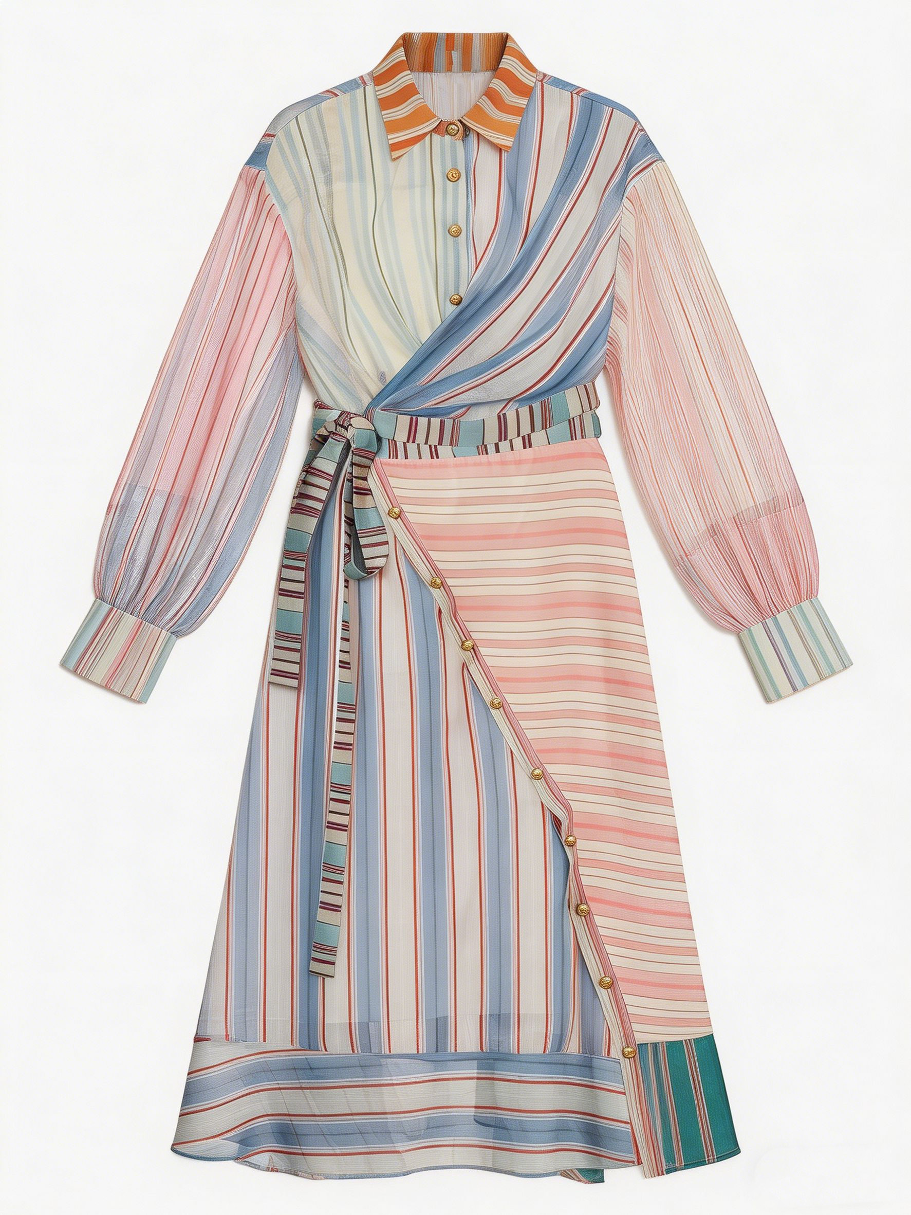 Women’s Striped Chiffon Belted Wrap Shirt Maxi Dress LA-030413
