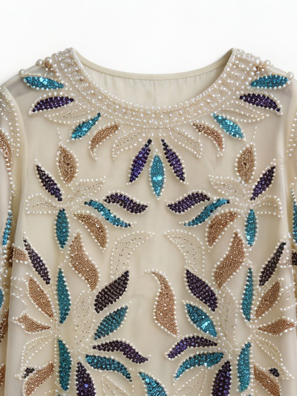 Women’s Sequin Beaded Leaf Mesh Long Sleeve Party Top LA-030402