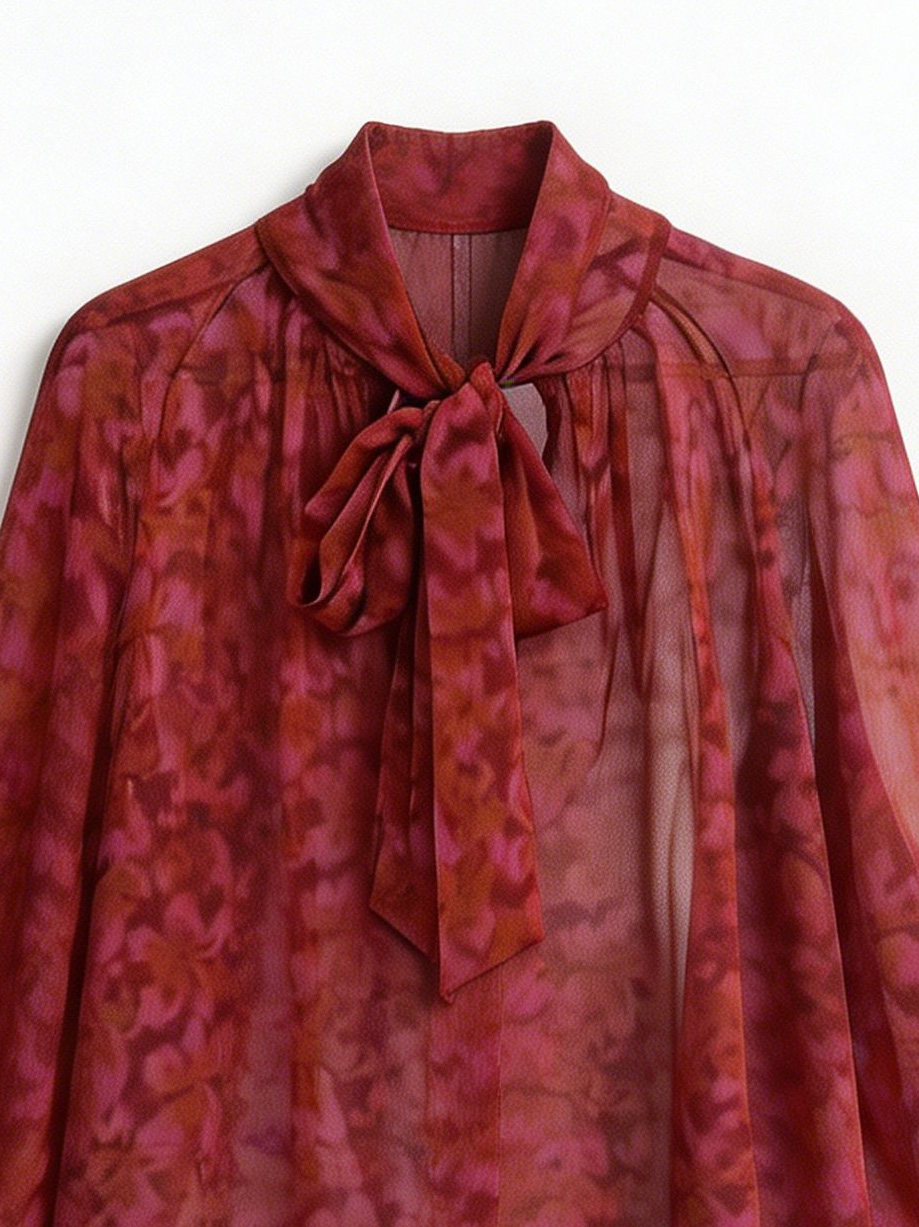 Women’s Printed Tie Neck Sheer Chiffon Long Sleeve Blouse XW-251209