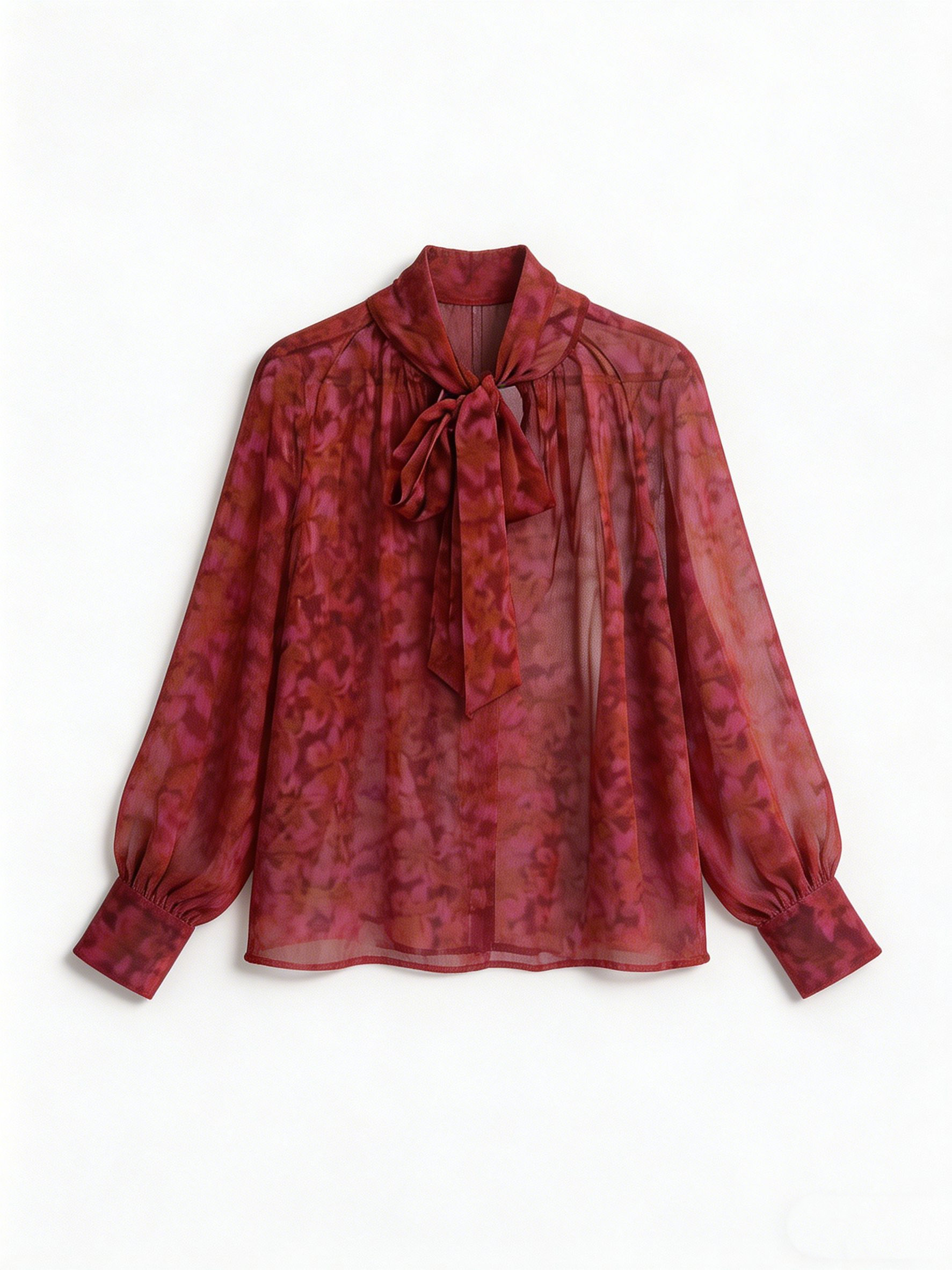 Women’s Printed Tie Neck Sheer Chiffon Long Sleeve Blouse XW-251209
