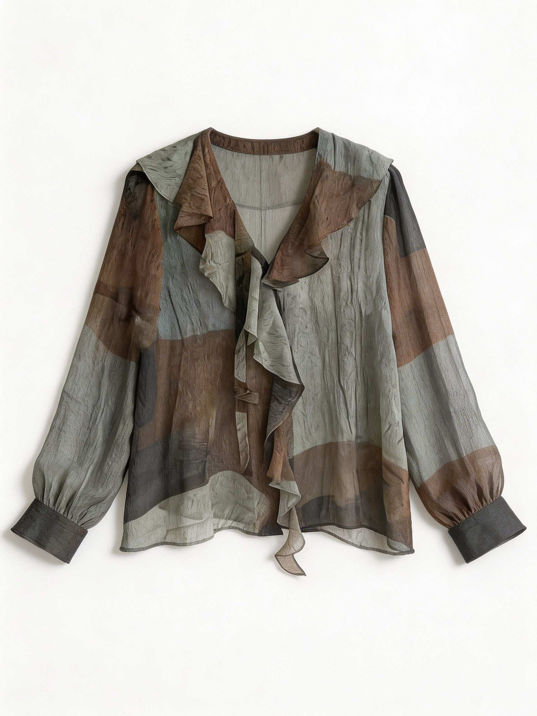 Women’s Sheer Watercolor Ruffle Tie Neck Chiffon Blouse XW-251205