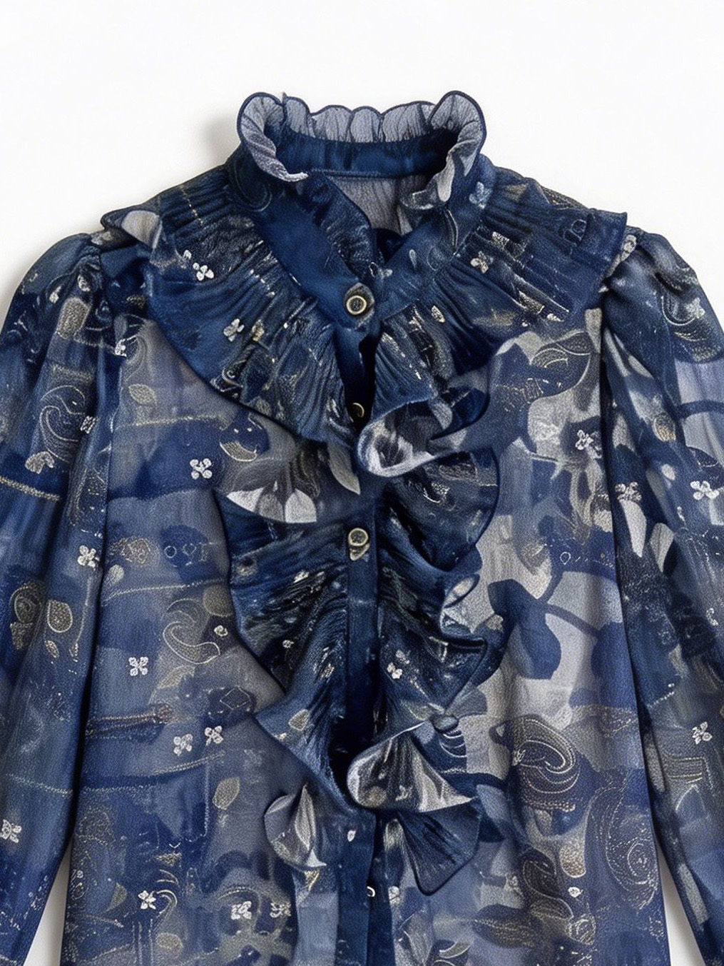 Women’s Vintage Ruffle High Neck Printed Chiffon Blouse XW-251203