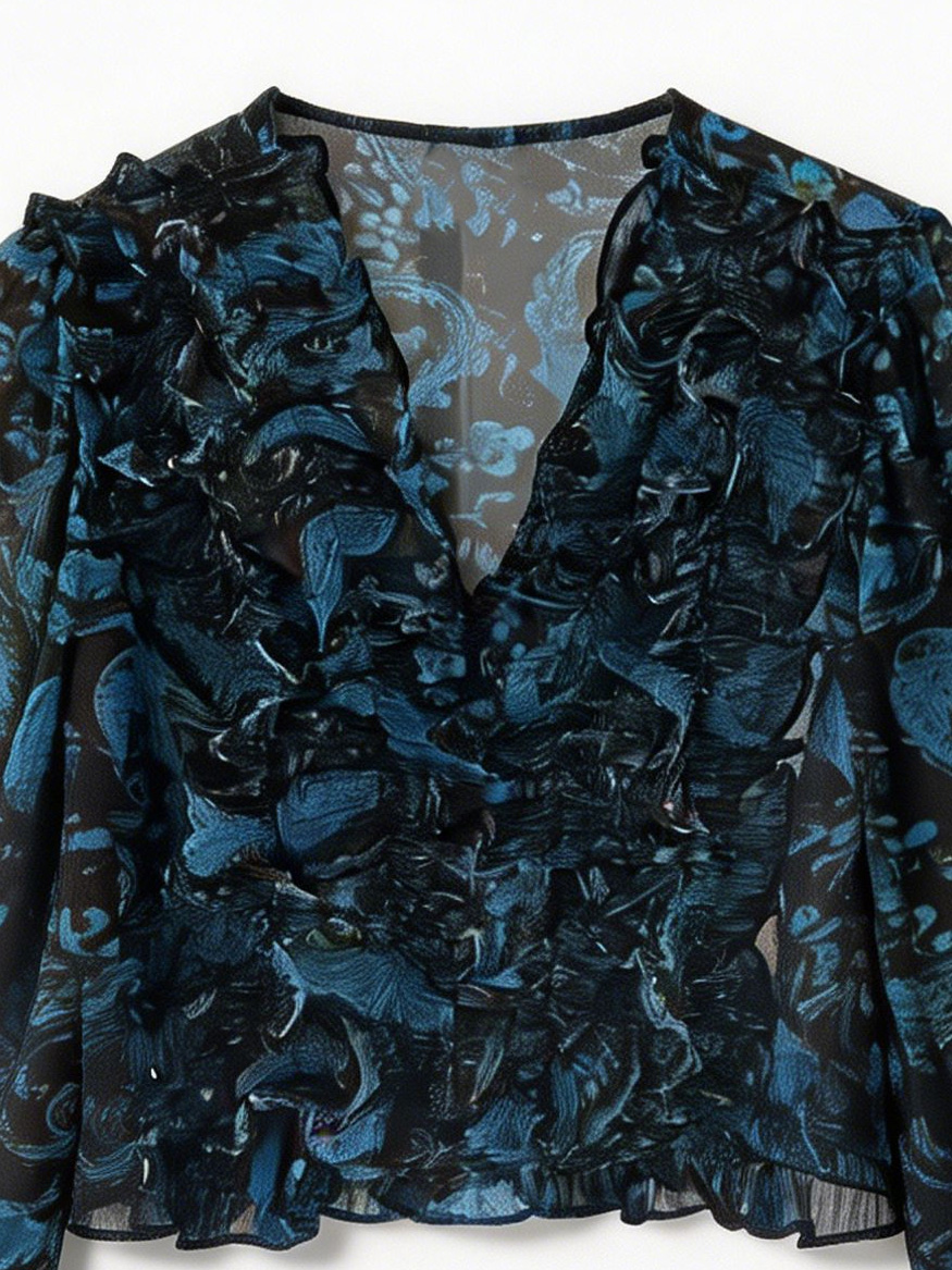 Women’s Sheer Paisley Ruffle V Neck Cropped Chiffon Blouse XW-251202
